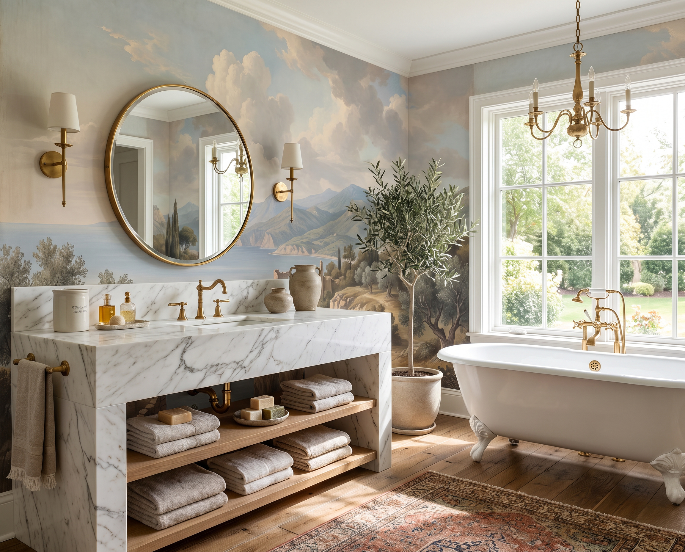 Blue Coastal Landscape Wallpaper Mural, Shown In A Bathroom, Peel-and-stick Finish