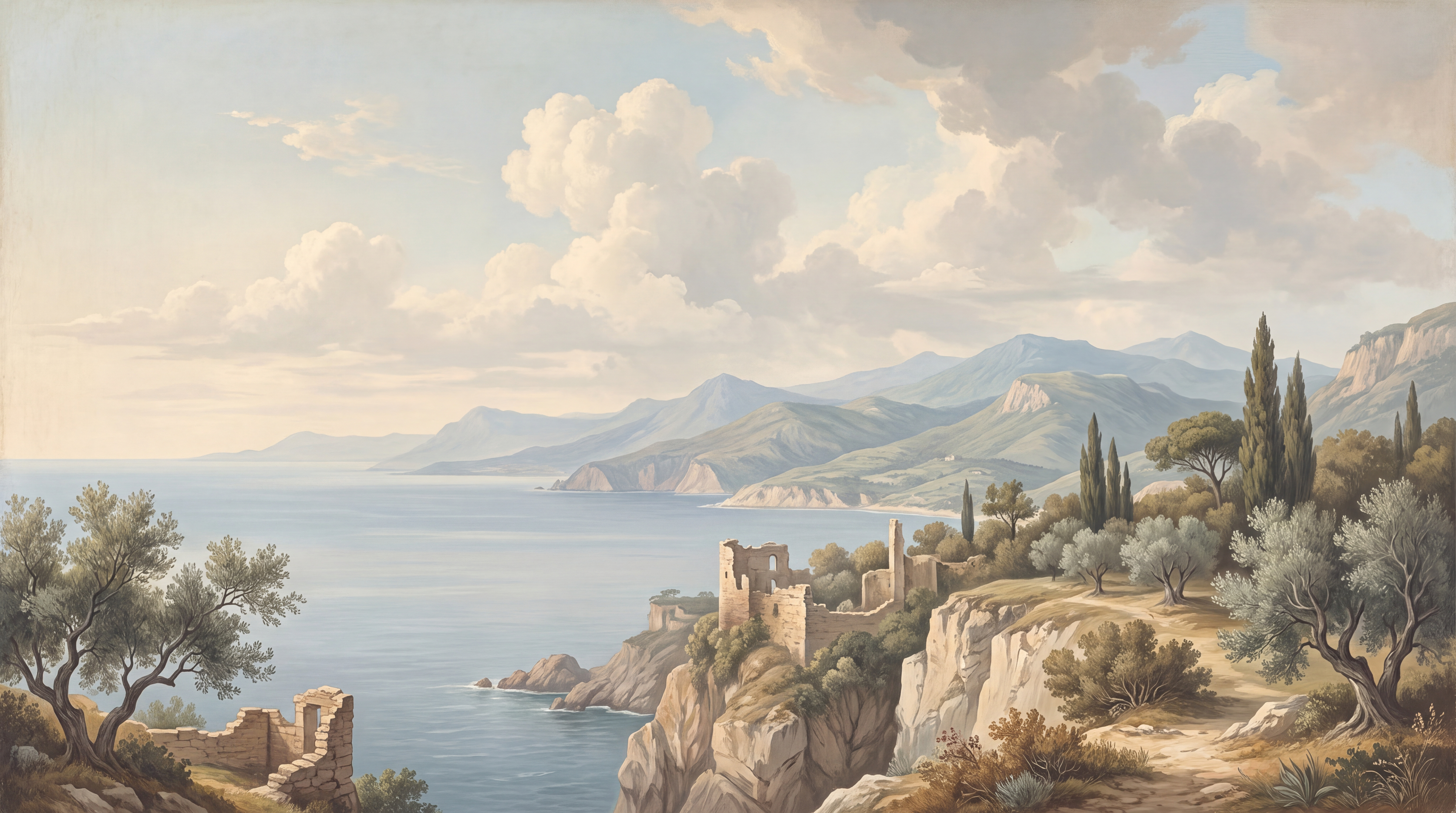Blue Coastal Landscape Wallpaper Mural, Peel-and-stick Finish