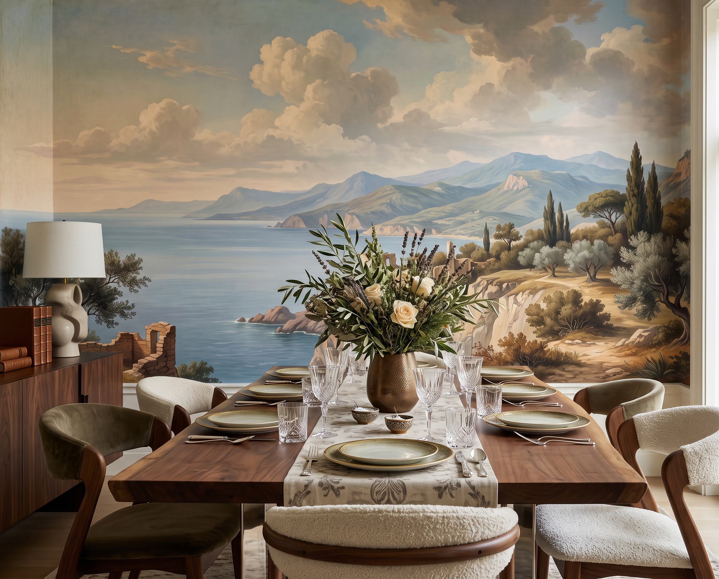 Blue Coastal Landscape Wallpaper Mural, Shown In A Dining Room, Peel-and-stick Finish