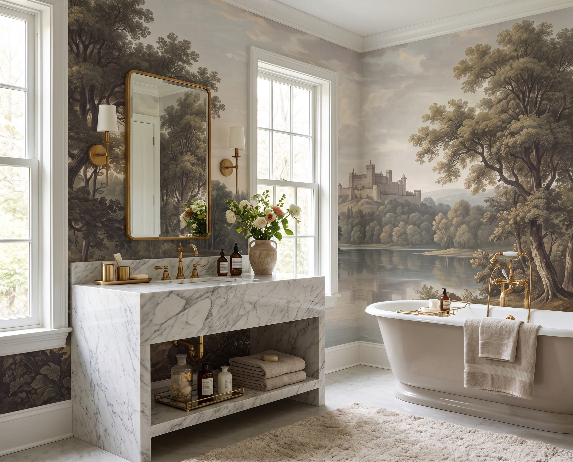 Olive A Lakeside View Wallpaper Mural Bathroom-wallpaper-murals, Peel-and-stick Finish