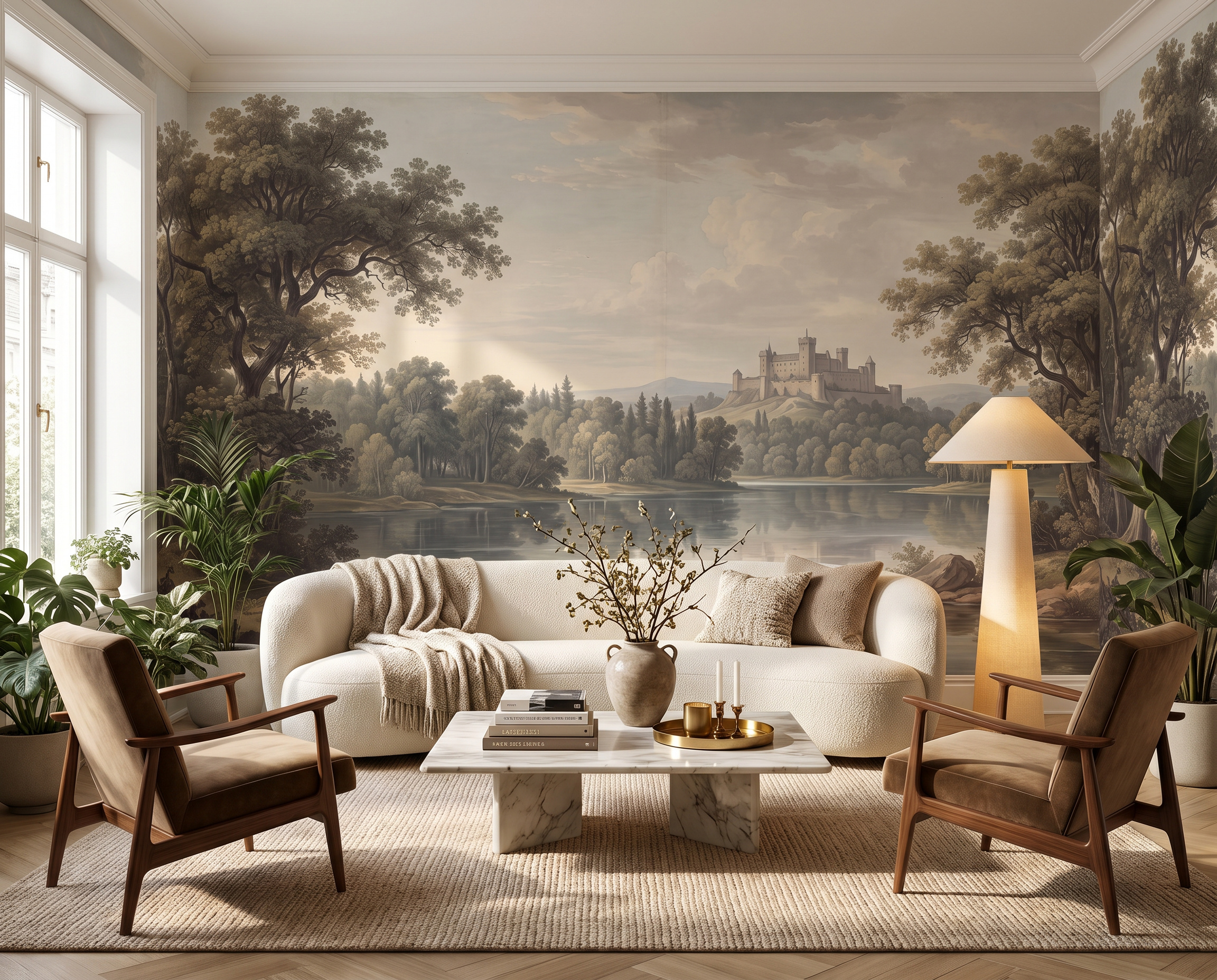 Olive A Lakeside View Wallpaper Mural Living-room-wallpaper-murals, Shown In A Living Room, Peel-and-stick Finish