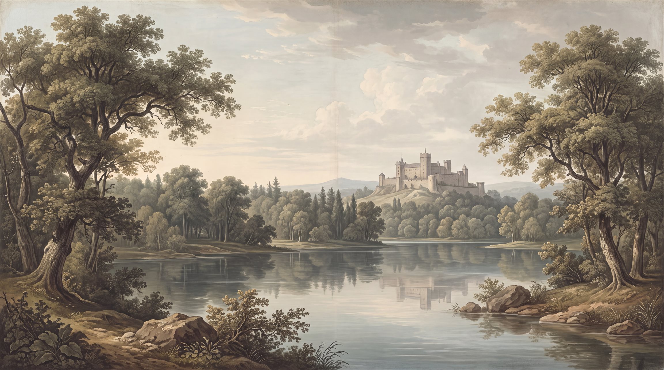Olive A Lakeside View Wallpaper Mural Accent-wall-wallpaper-murals, Peel-and-stick Finish