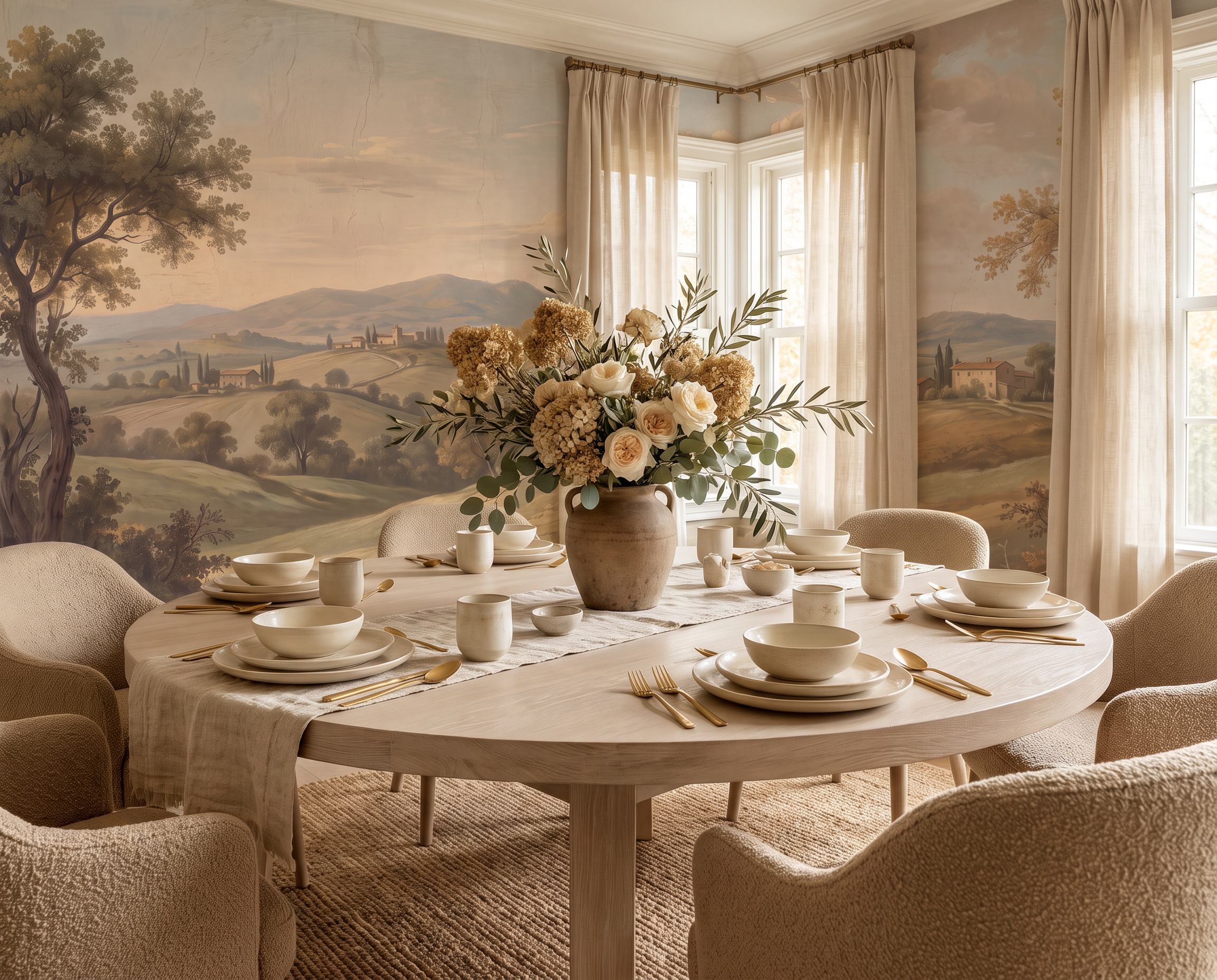Neutral Abstract Forms Wallpaper Mural Layered Dining-room-wallpaper-murals, Shown In A Dining Room, Peel-and-stick Finish