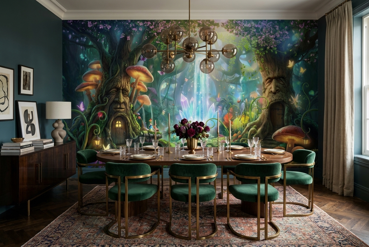 Teal Abstract Forms Wallpaper Mural Dining-room-wallpaper-murals, Peel-and-stick Finish