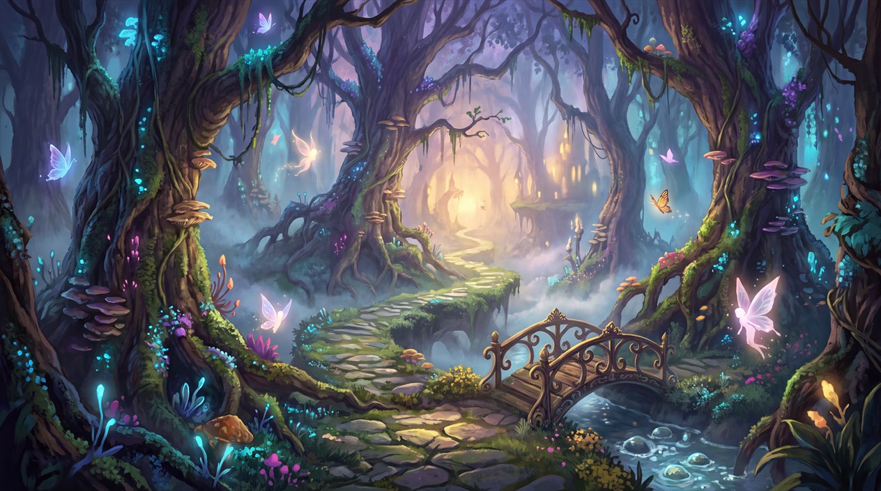 Twilight Fairy Forest Path And Bridge Wallpaper Mural — Wallpaper Mural Design, Peel-and-stick Finish
