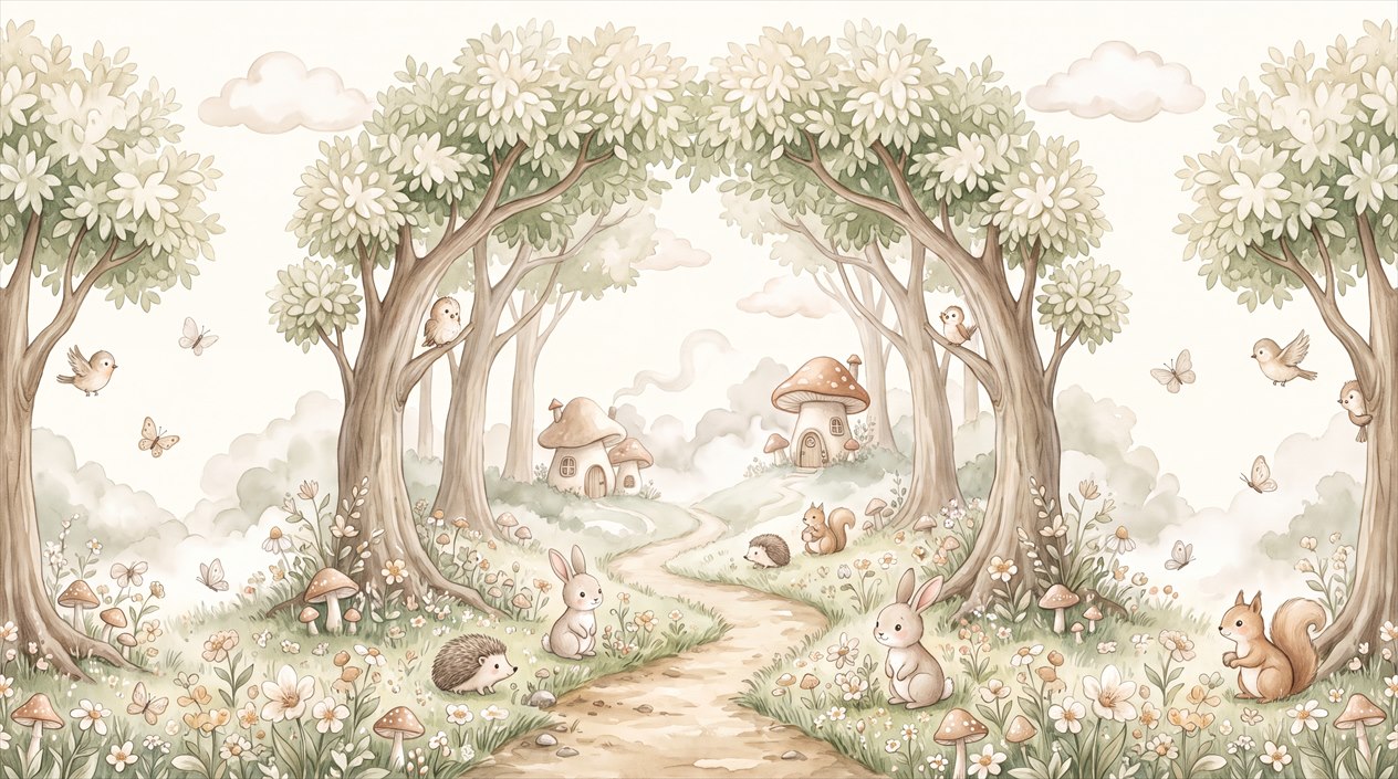 Beige Woodland Trees Decorative Wallpaper Mural Feature-wall-wallpaper-murals, Peel-and-stick Finish