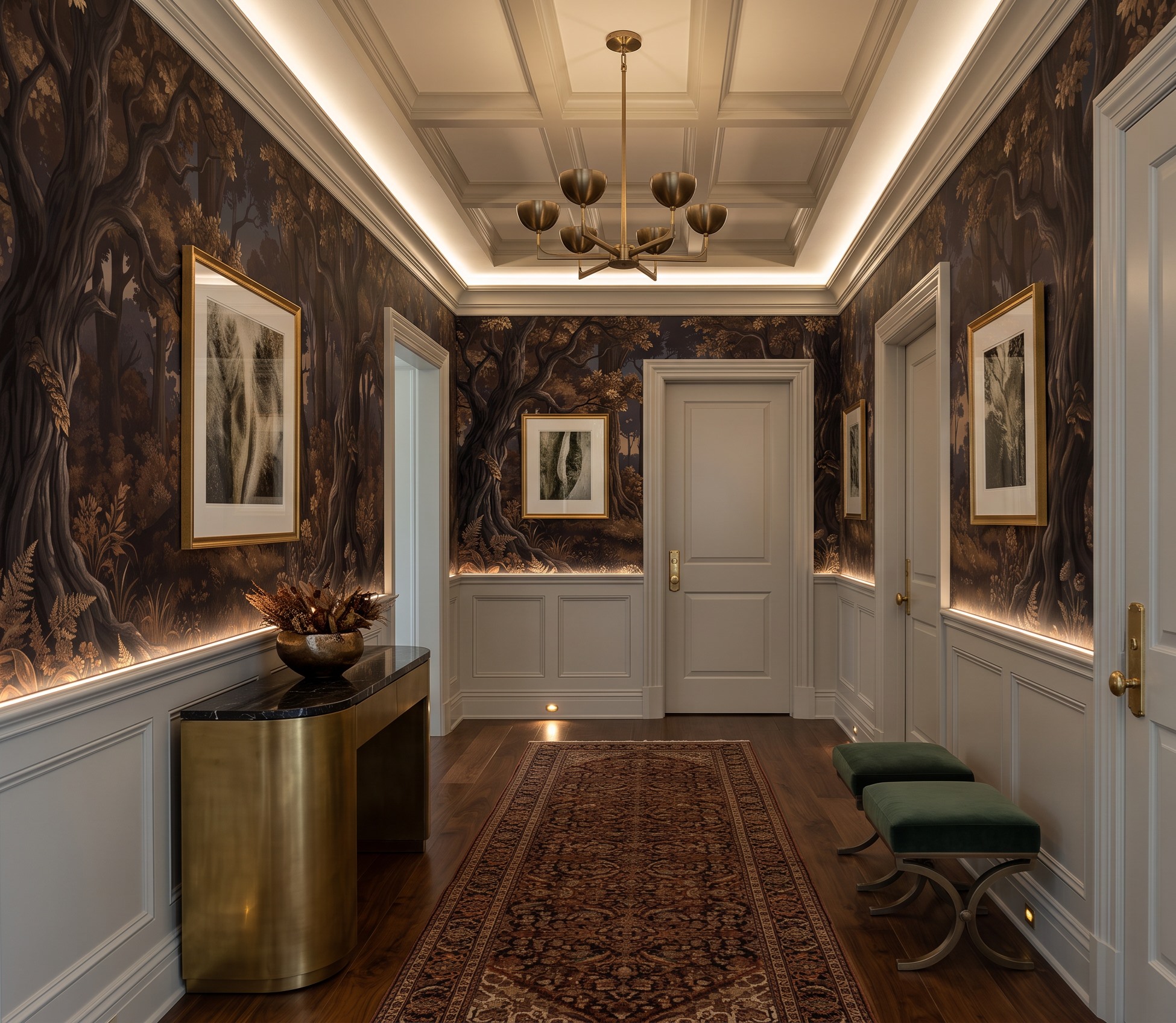Gold And Neutral Abstract Forms Layered Wallpaper Mural Hallway-wallpaper-murals, Peel-and-stick Finish