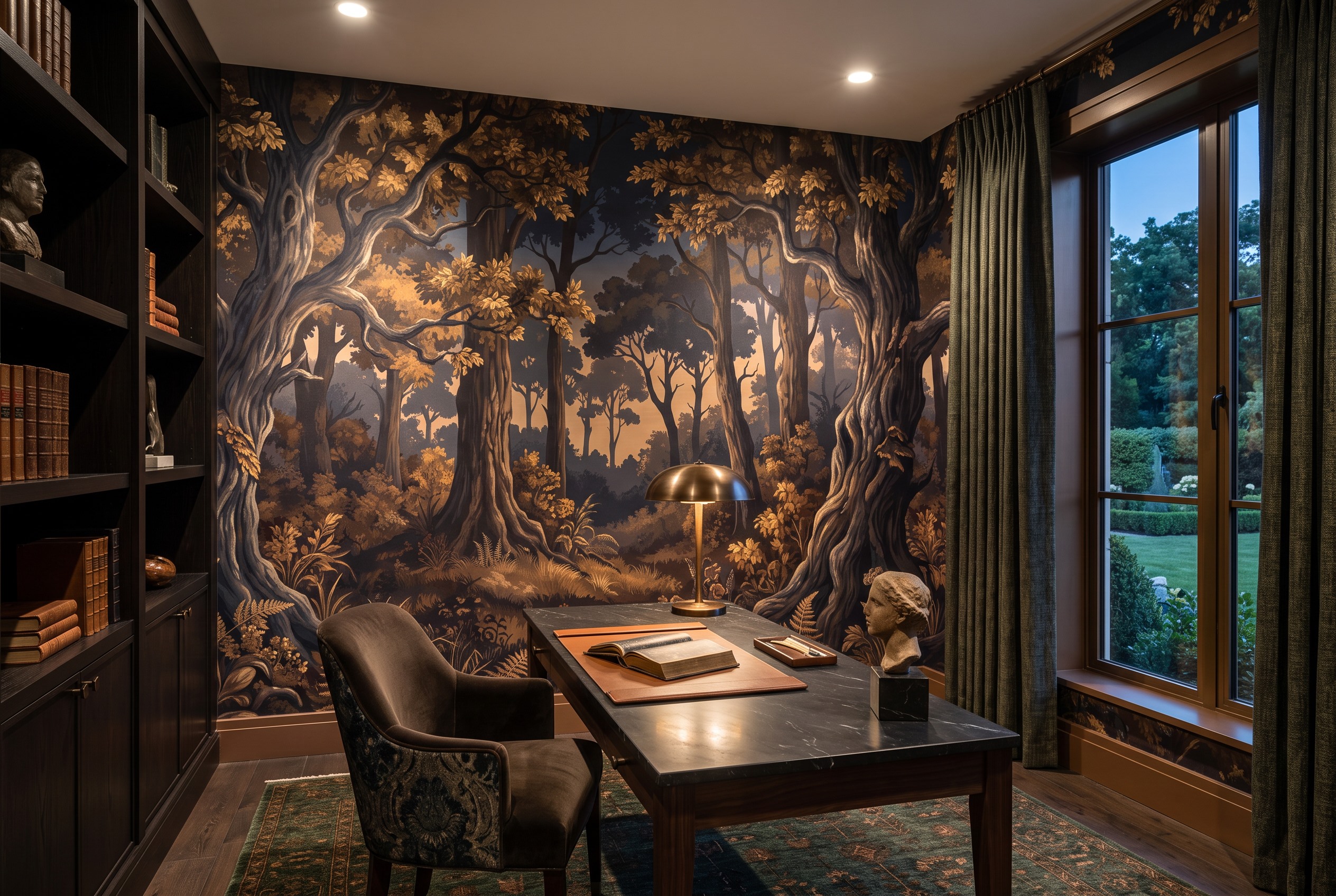 Gold And Neutral Abstract Forms Layered Wallpaper Mural Office-wallpaper-murals, Shown In A Home Office, Peel-and-stick Finish