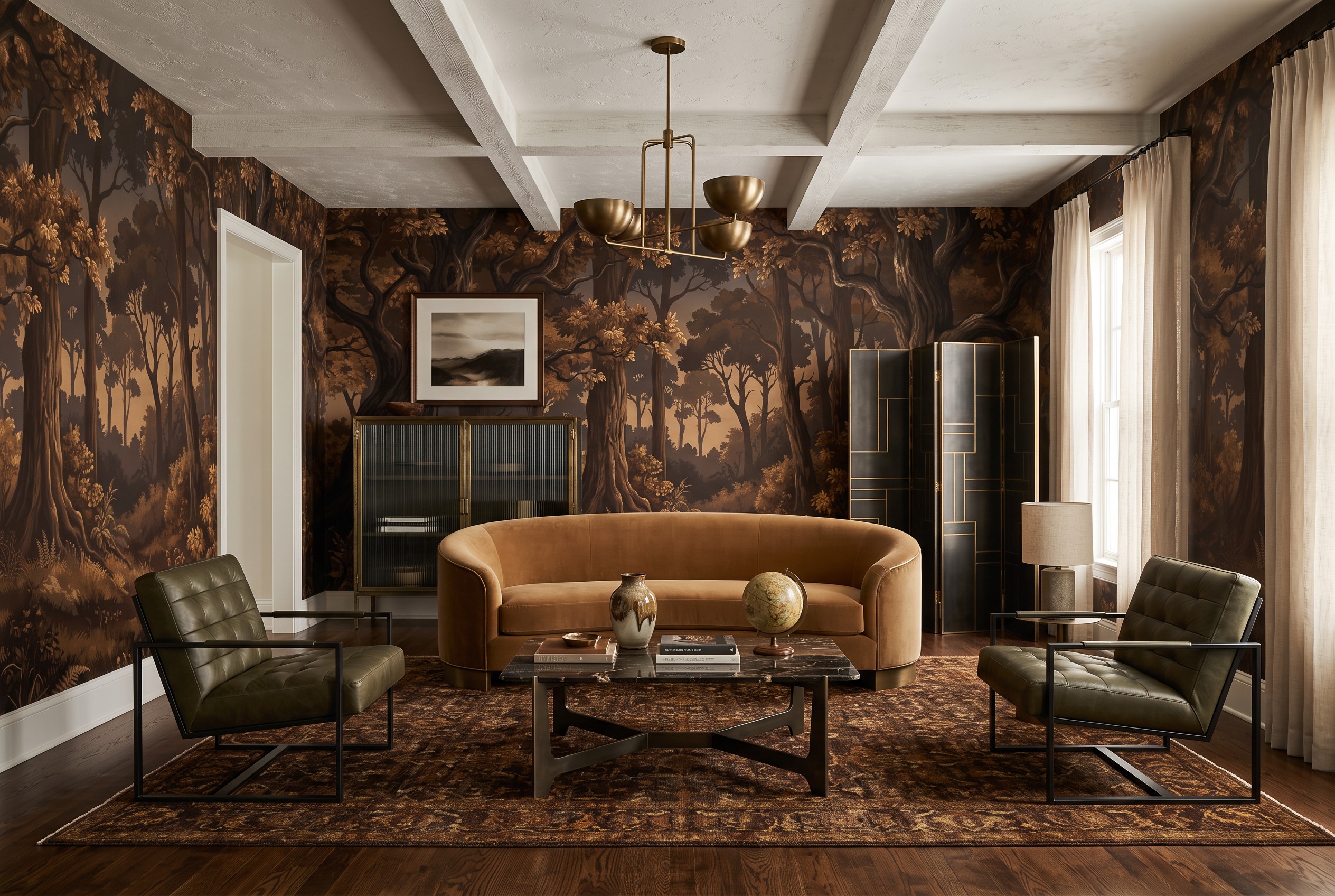 Gold And Neutral Abstract Forms Layered Wallpaper Mural Living-room-wallpaper-murals, Shown In A Living Room, Peel-and-stick Finish