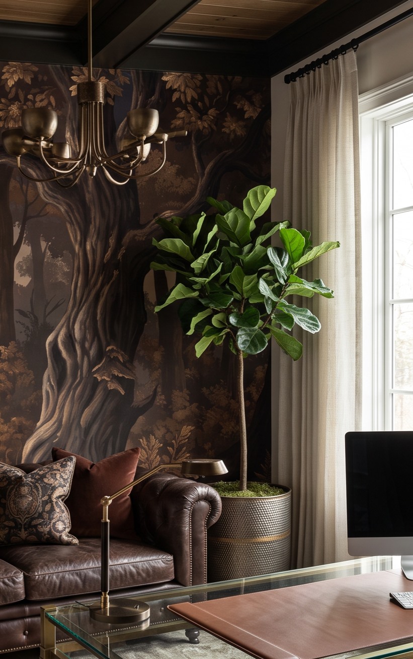 Gold And Neutral Abstract Forms Layered Wallpaper Mural Office-wallpaper-murals, Shown In A Home Office, Peel-and-stick Finish