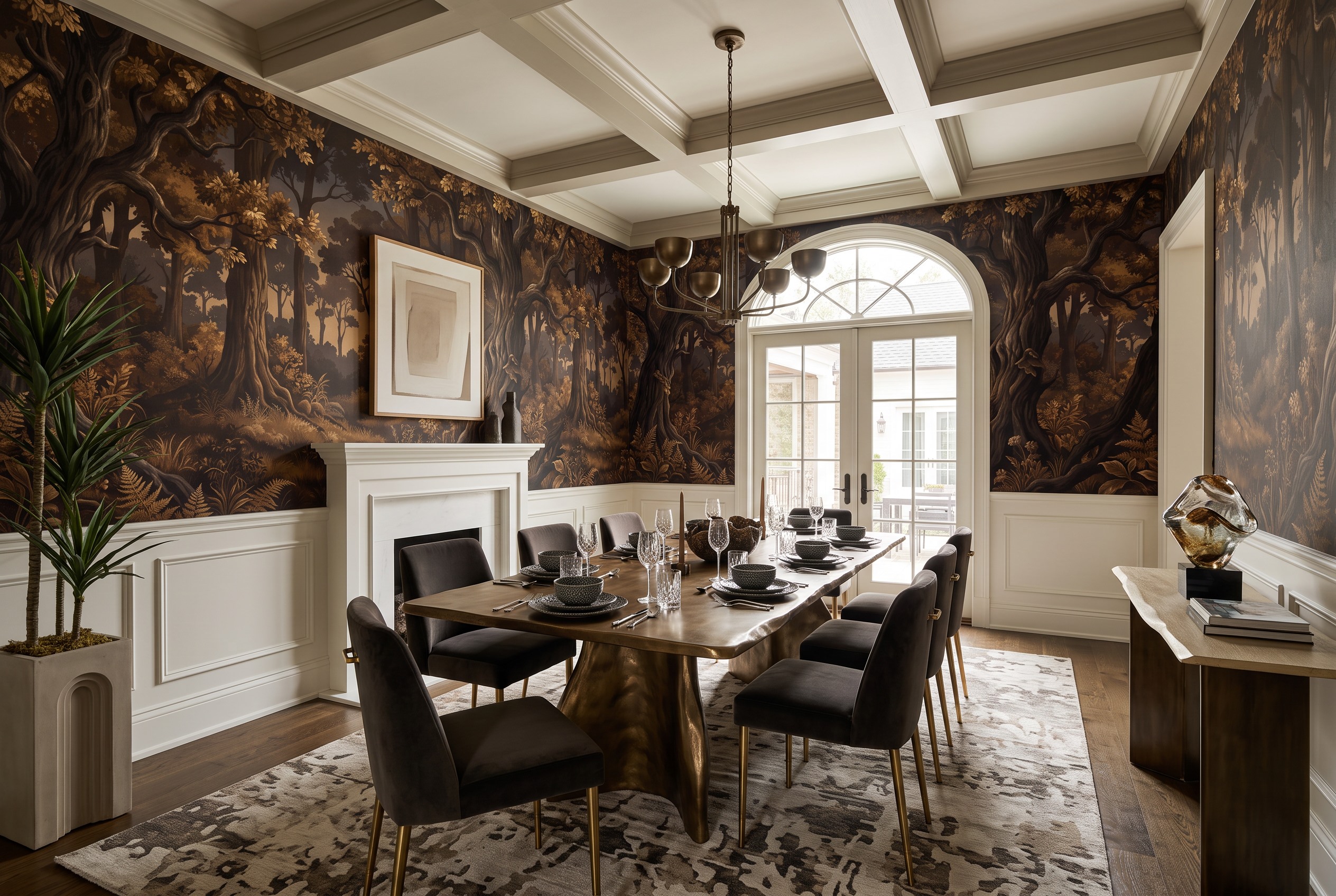 Gold And Neutral Abstract Forms Layered Wallpaper Mural Dining-room-wallpaper-murals, Shown In A Dining Room, Peel-and-stick Finish