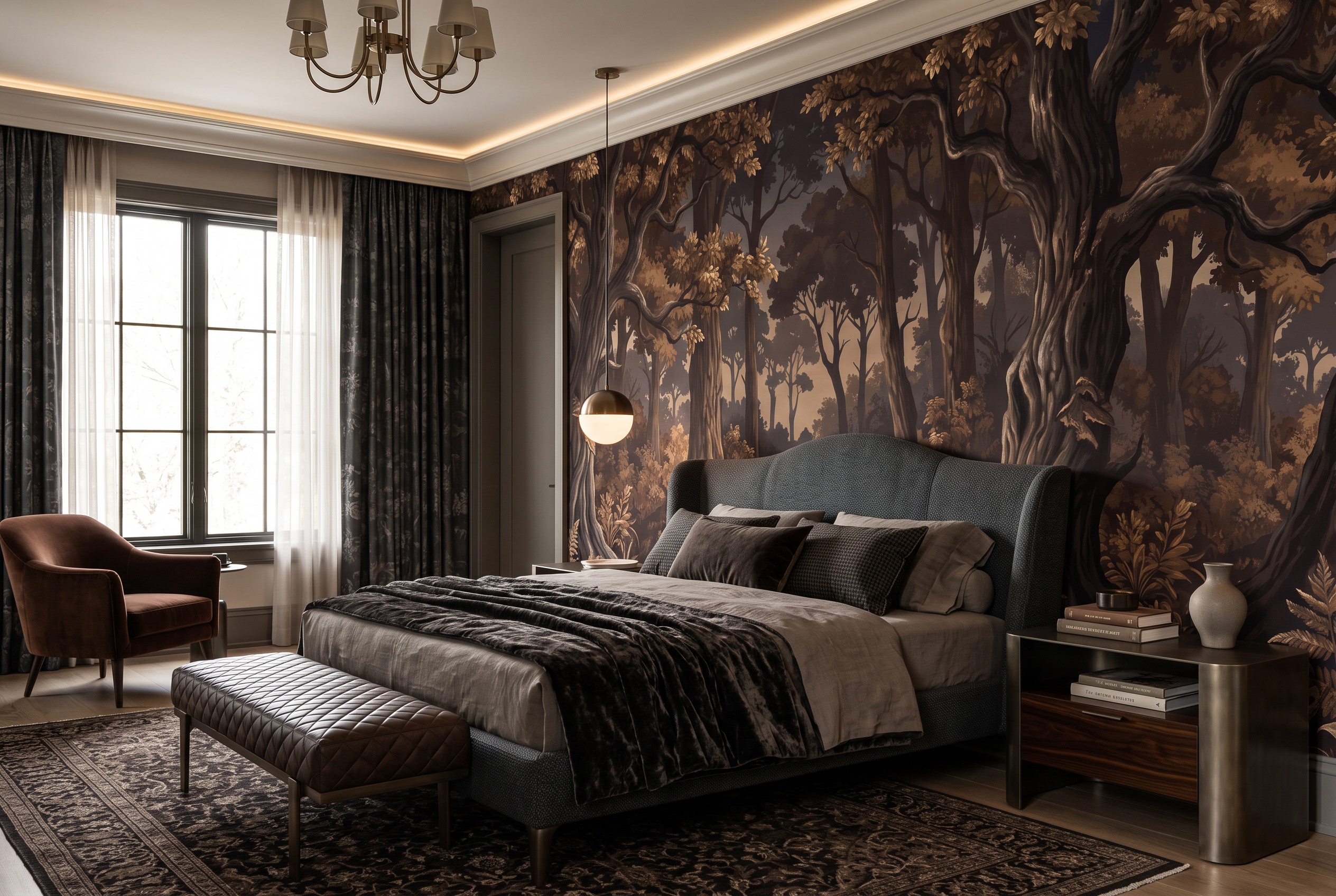 Gold And Neutral Abstract Forms Layered Wallpaper Mural Office-wallpaper-murals, Shown In A Home Office, Peel-and-stick Finish