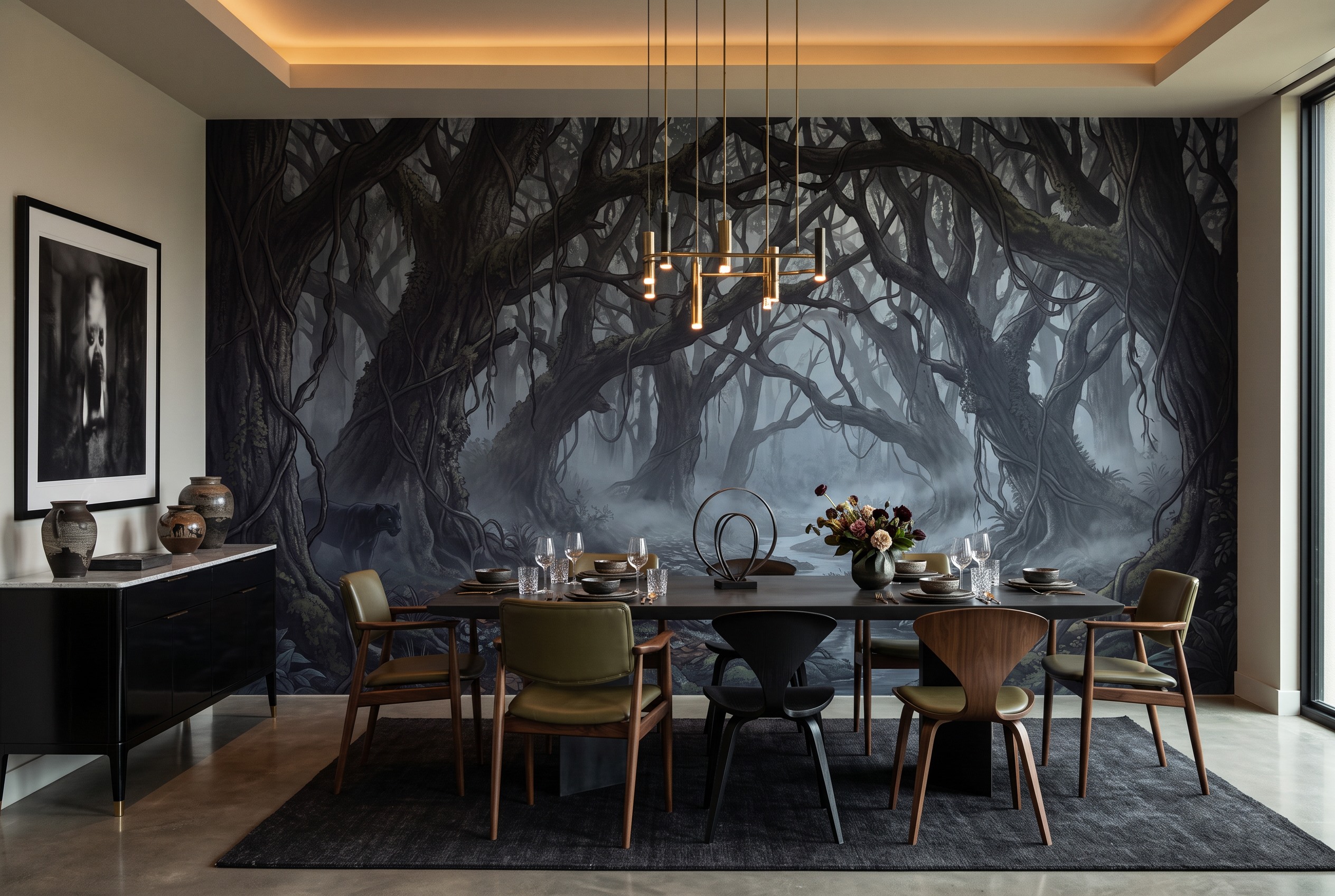 Neutral Abstract Forms Wallpaper Mural Layered Decorative Wallpaper Dining-room-wallpaper-murals, Shown In A Dining Room, Peel-and-stick Finish