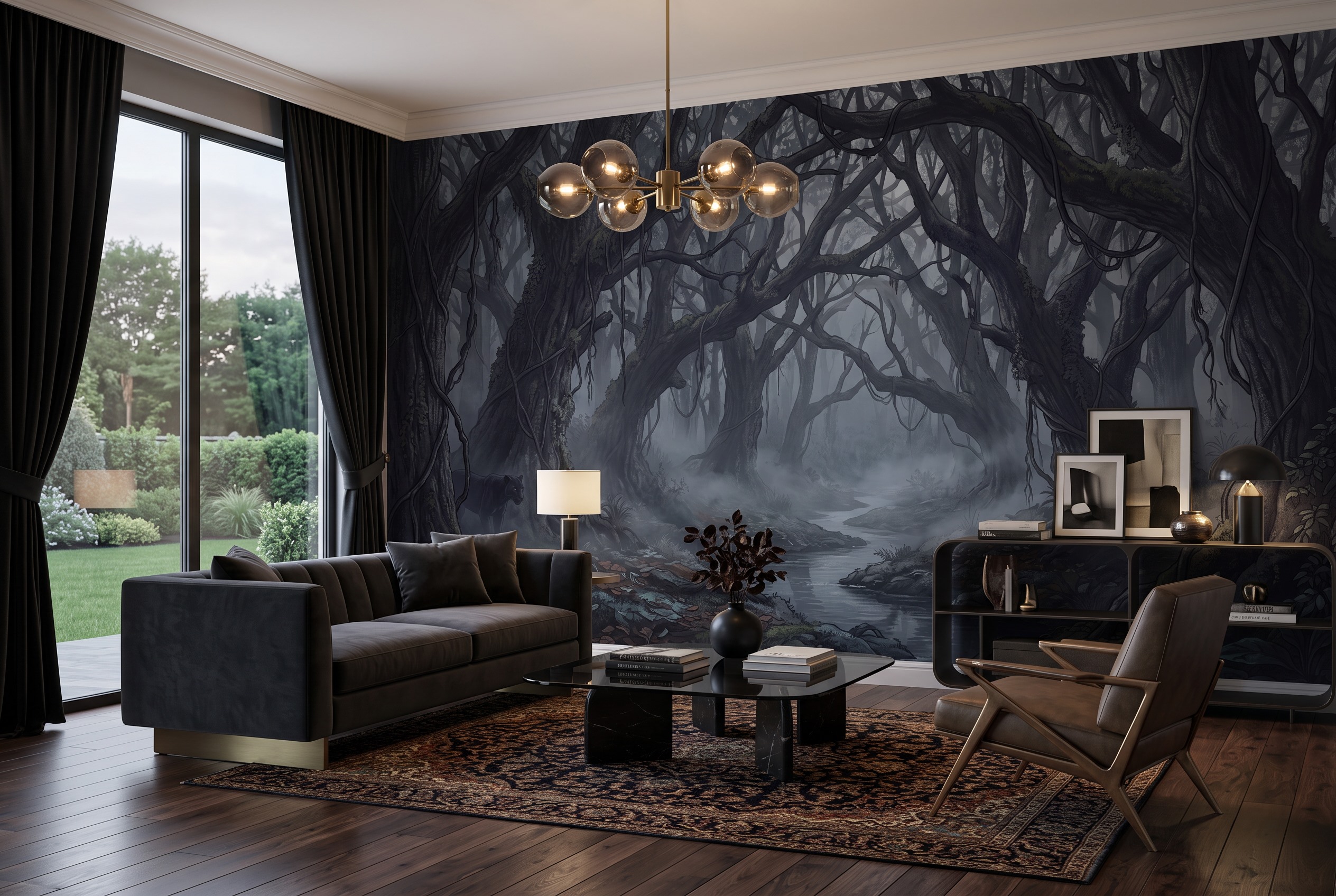 Neutral Abstract Forms Wallpaper Mural Layered Decorative Wallpaper Living-room-wallpaper-murals, Shown In A Living Room, Peel-and-stick Finish