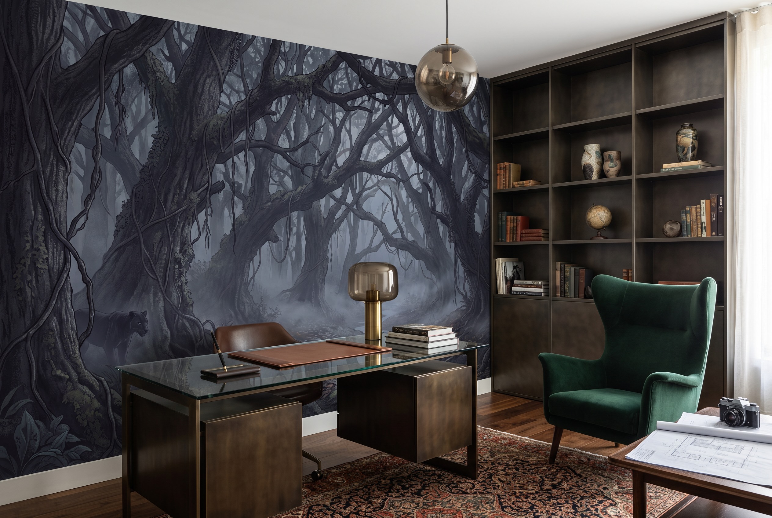 Neutral Abstract Forms Wallpaper Mural Layered Decorative Wallpaper Office-wallpaper-murals, Shown In A Home Office, Peel-and-stick Finish