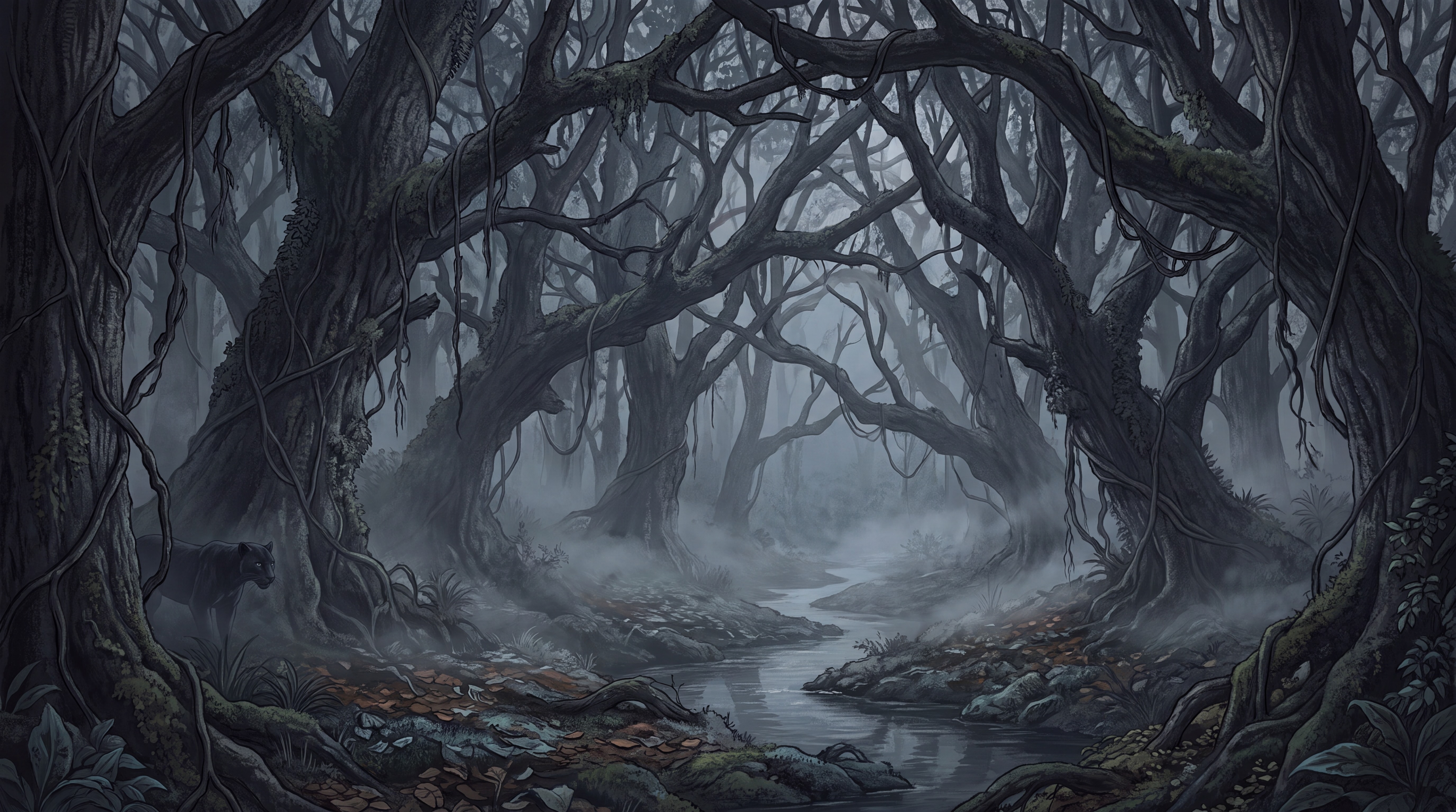 Mist-shrouded Forest Stream With A Black Panther Wallpaper Mural — Wallpaper Mural Design, Peel-and-stick Finish