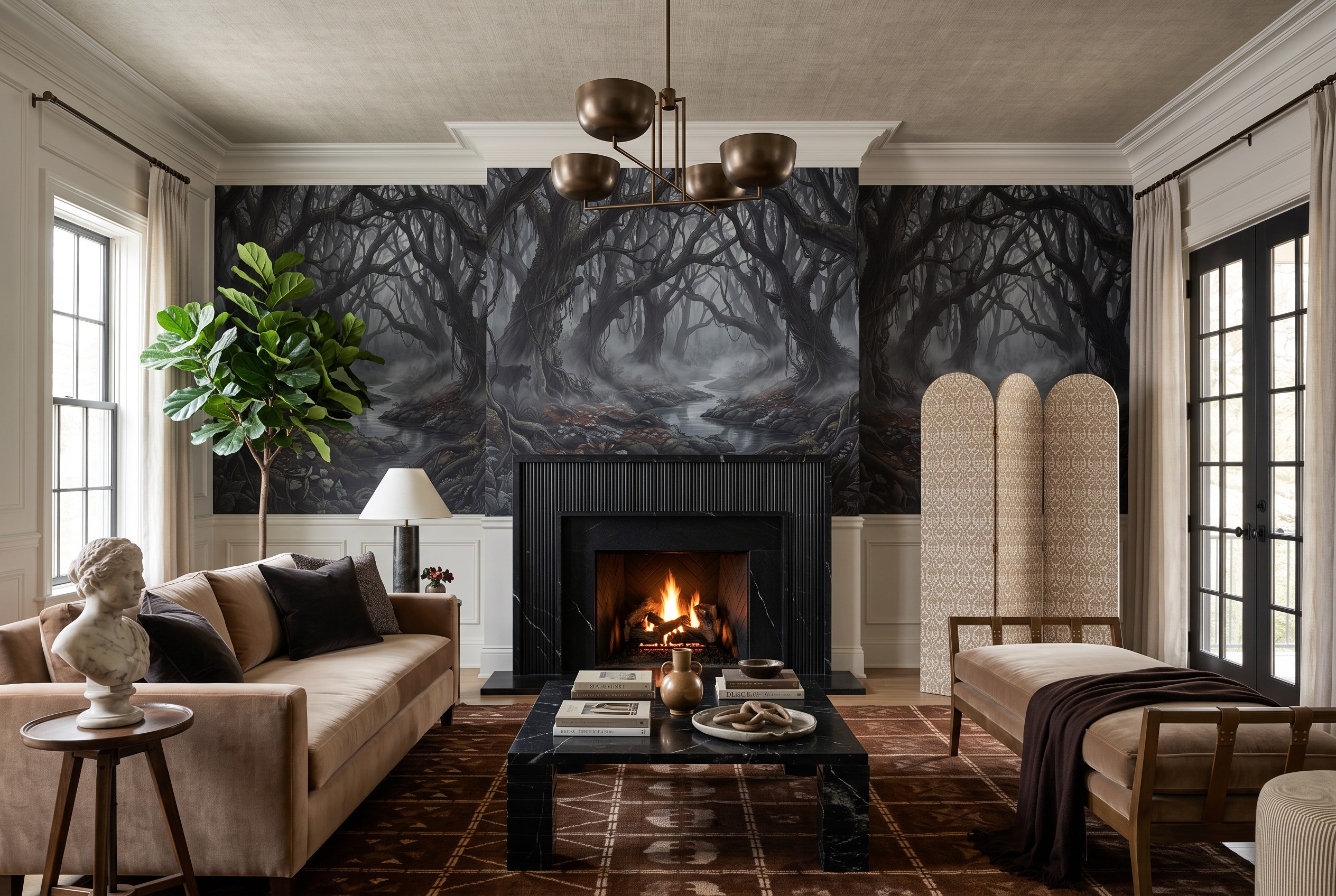 Neutral Abstract Forms Wallpaper Mural Layered Decorative Wallpaper Living-room-wallpaper-murals, Shown In A Living Room, Peel-and-stick Finish