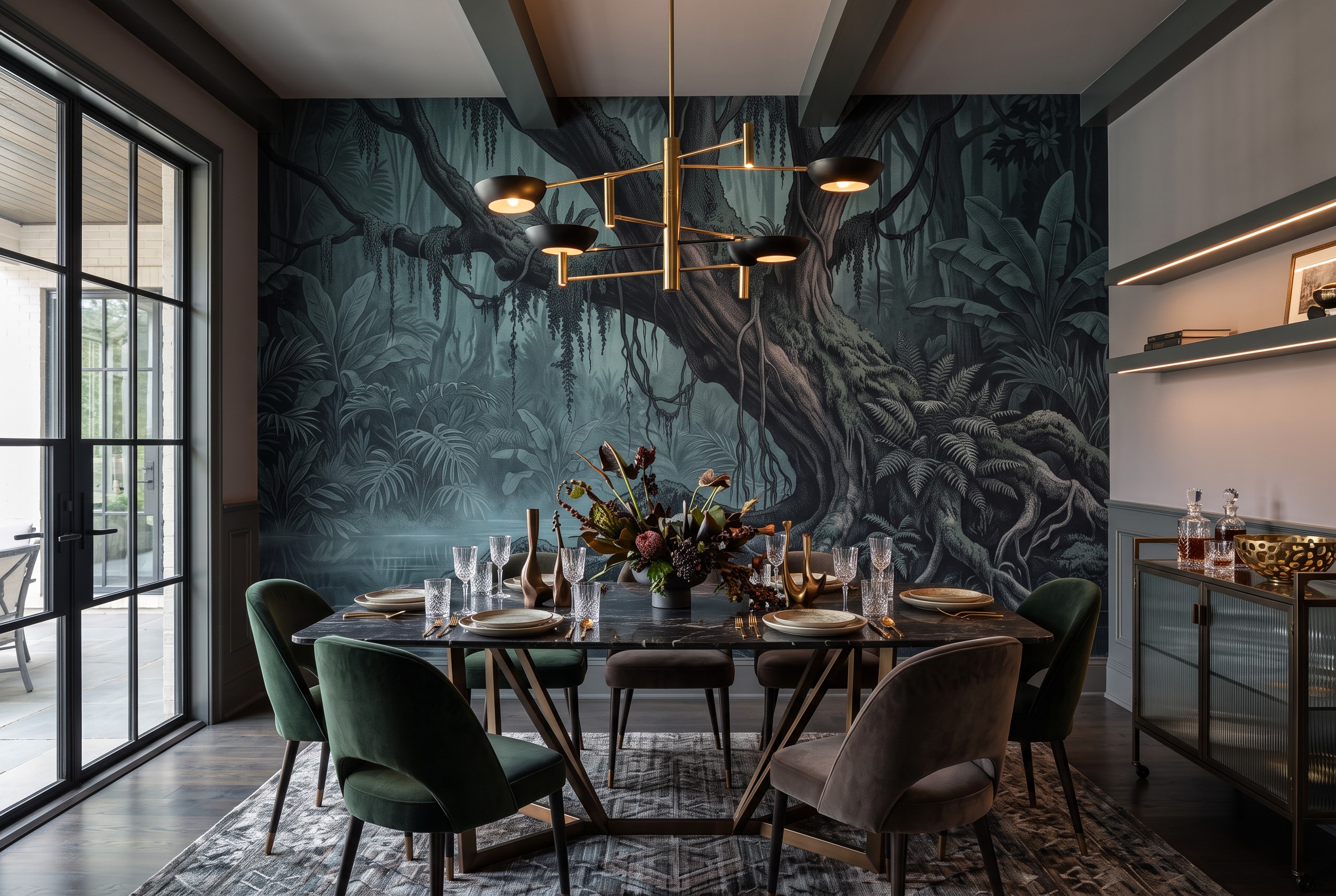 Neutral Abstract Forms Wallpaper Mural Layered Marks Wallpaper Mural Dining-room-wallpaper-murals, Shown In A Dining Room, Peel-and-stick Finish