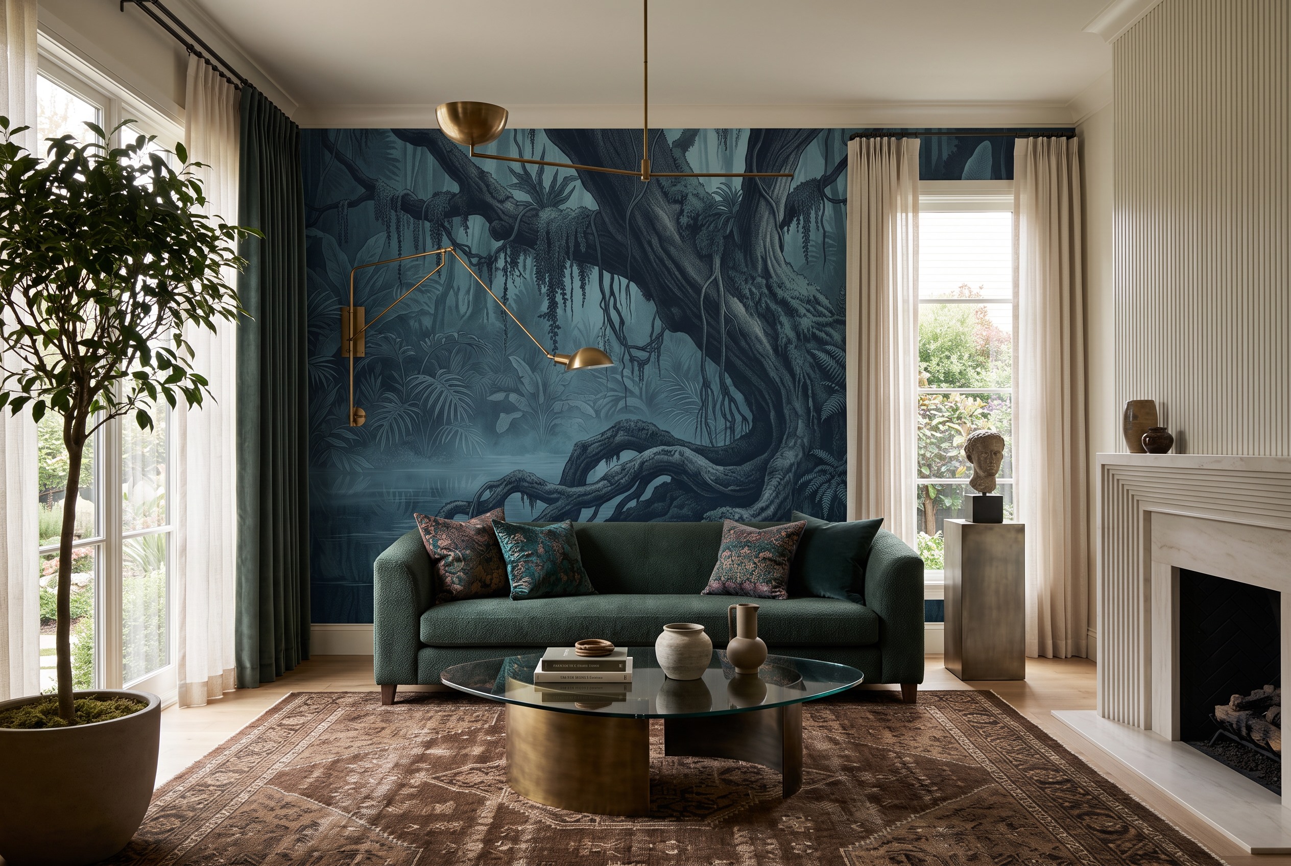 Neutral Abstract Forms Wallpaper Mural Layered Marks Wallpaper Mural Living-room-wallpaper-murals, Shown In A Living Room, Peel-and-stick Finish