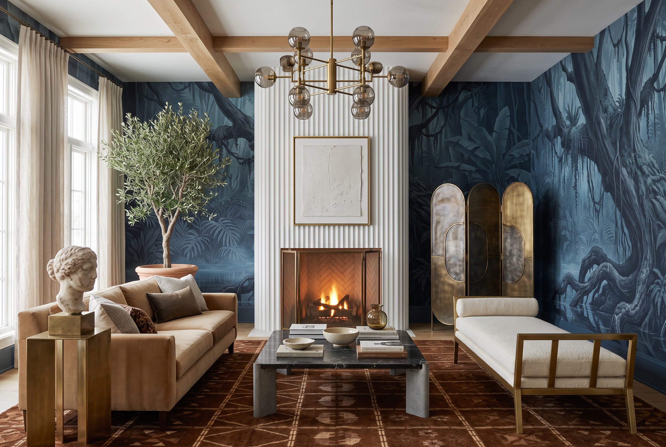 Teal And Neutral Abstract Forms Wallpaper Mural Living-room-wallpaper-murals, Shown In A Living Room, Peel-and-stick Finish