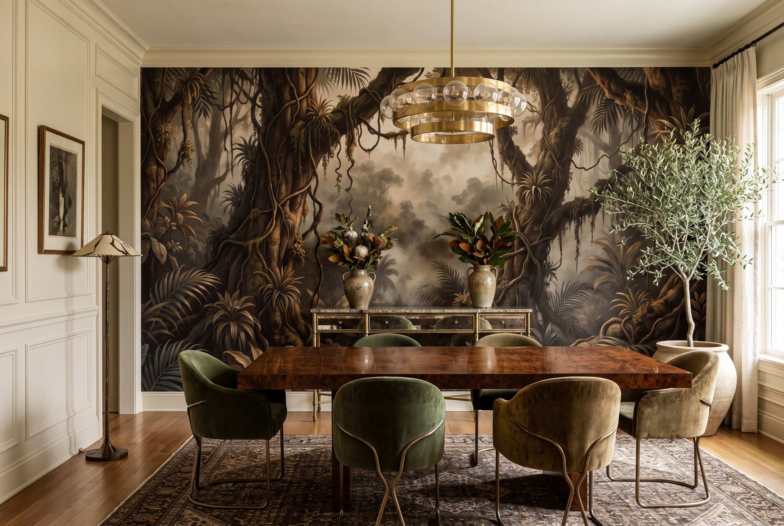 Neutral Woodland Trees Forest Wallpaper Mural Dining-room-wallpaper-murals, Shown In A Dining Room, Peel-and-stick Finish