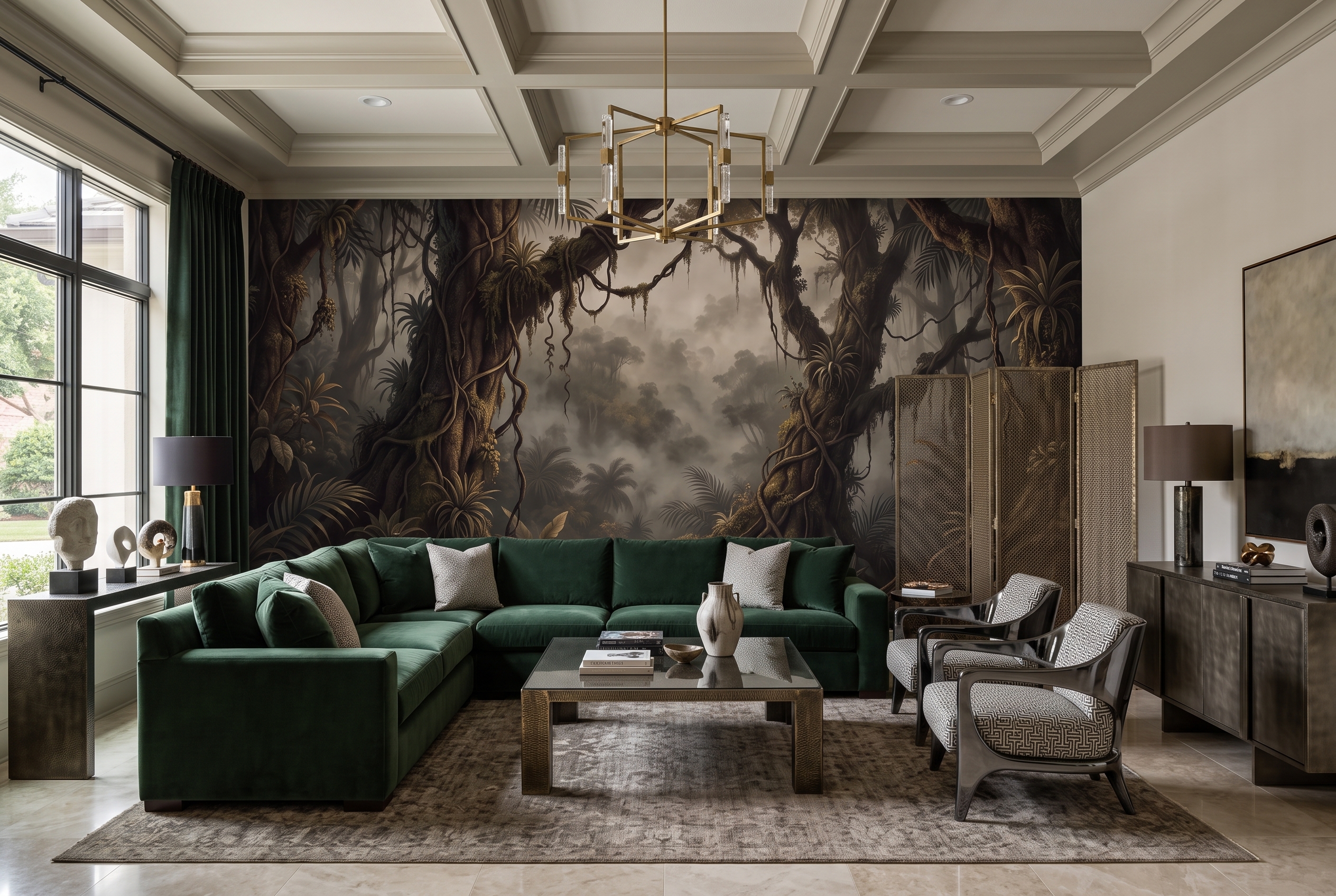 Neutral Woodland Trees Forest Wallpaper Mural Living-room-wallpaper-murals, Shown In A Living Room, Peel-and-stick Finish