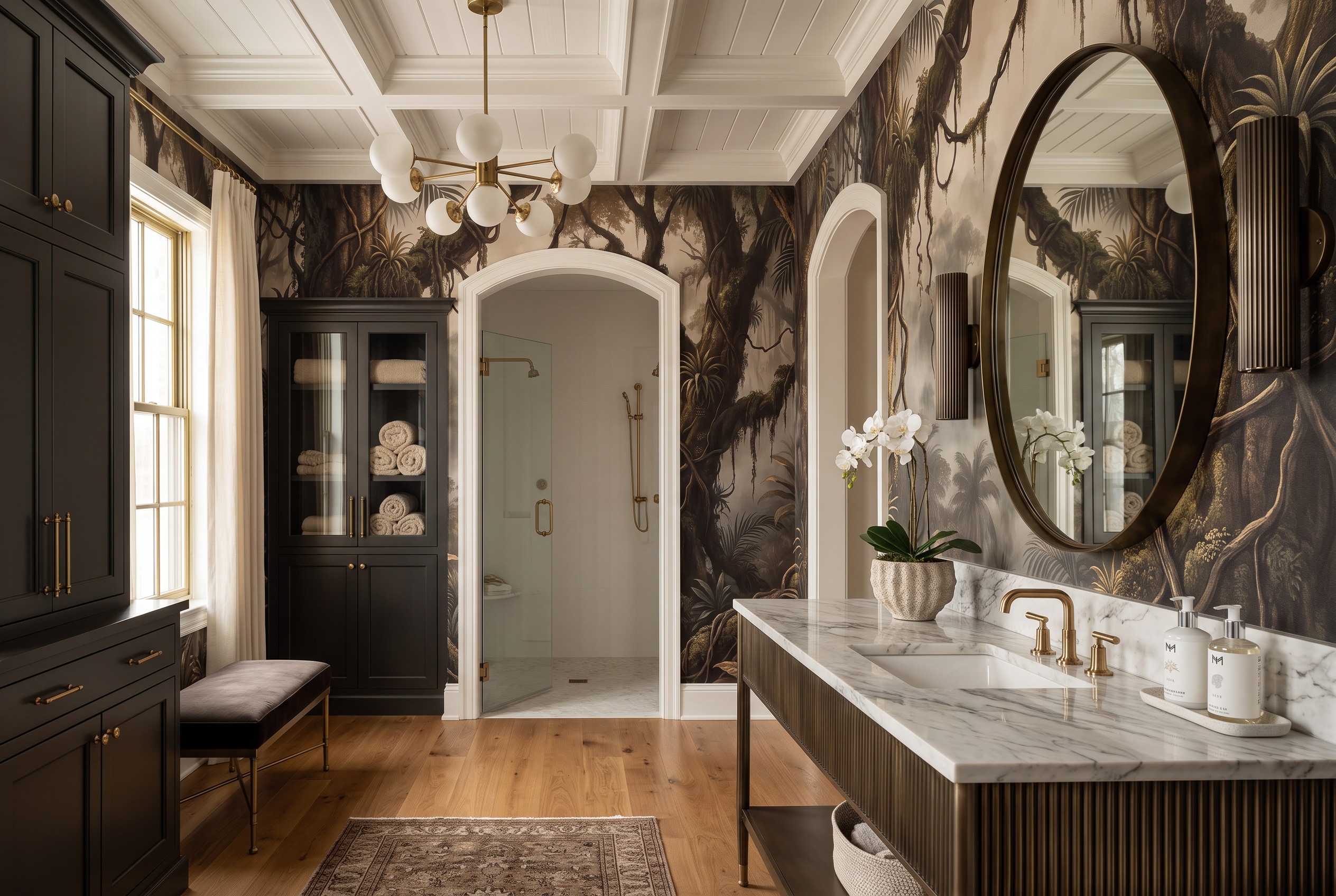 Neutral Woodland Trees Forest Wallpaper Mural Bathroom-wallpaper-murals, Peel-and-stick Finish