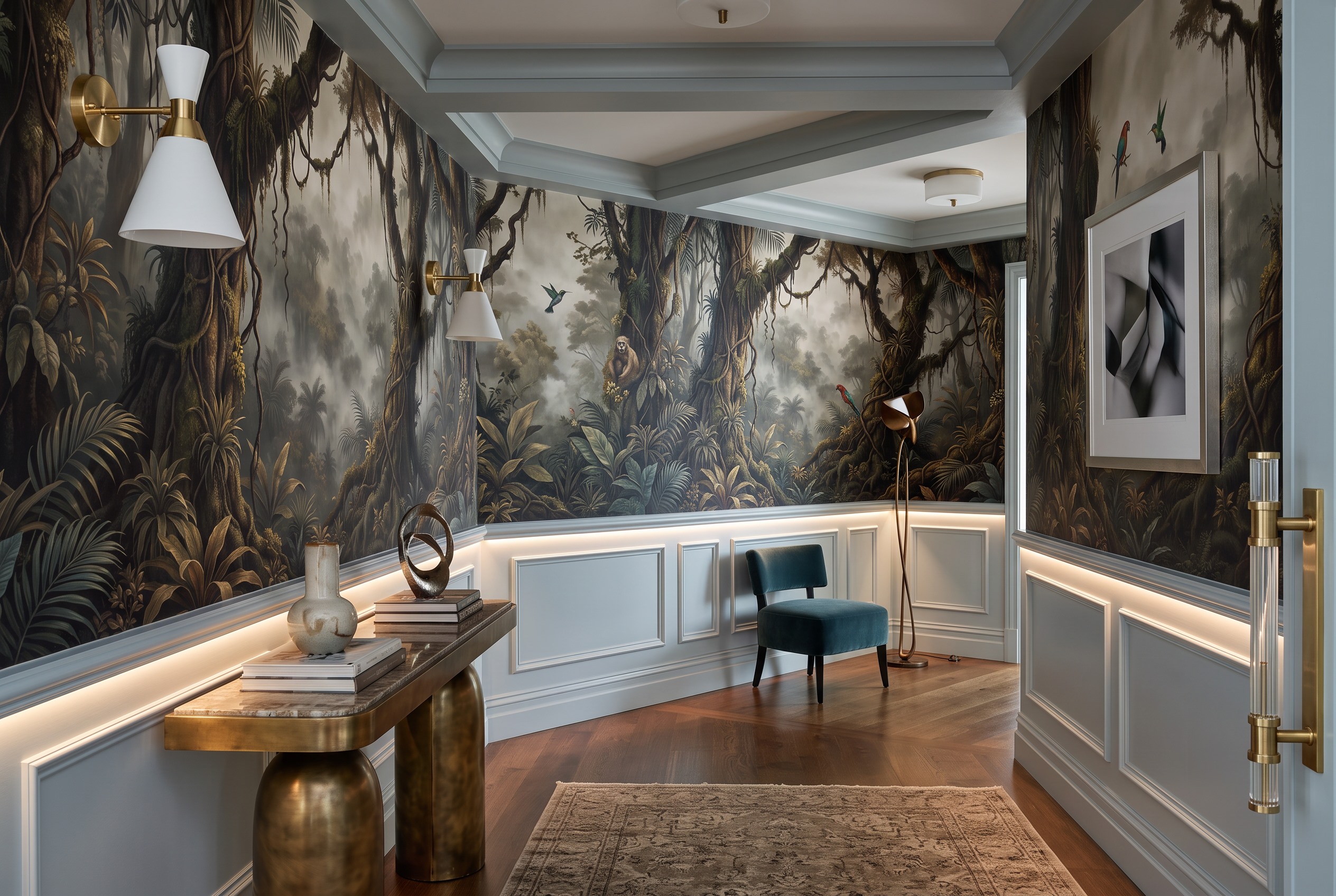Neutral Woodland Trees Forest Wallpaper Mural Hallway-wallpaper-murals, Peel-and-stick Finish
