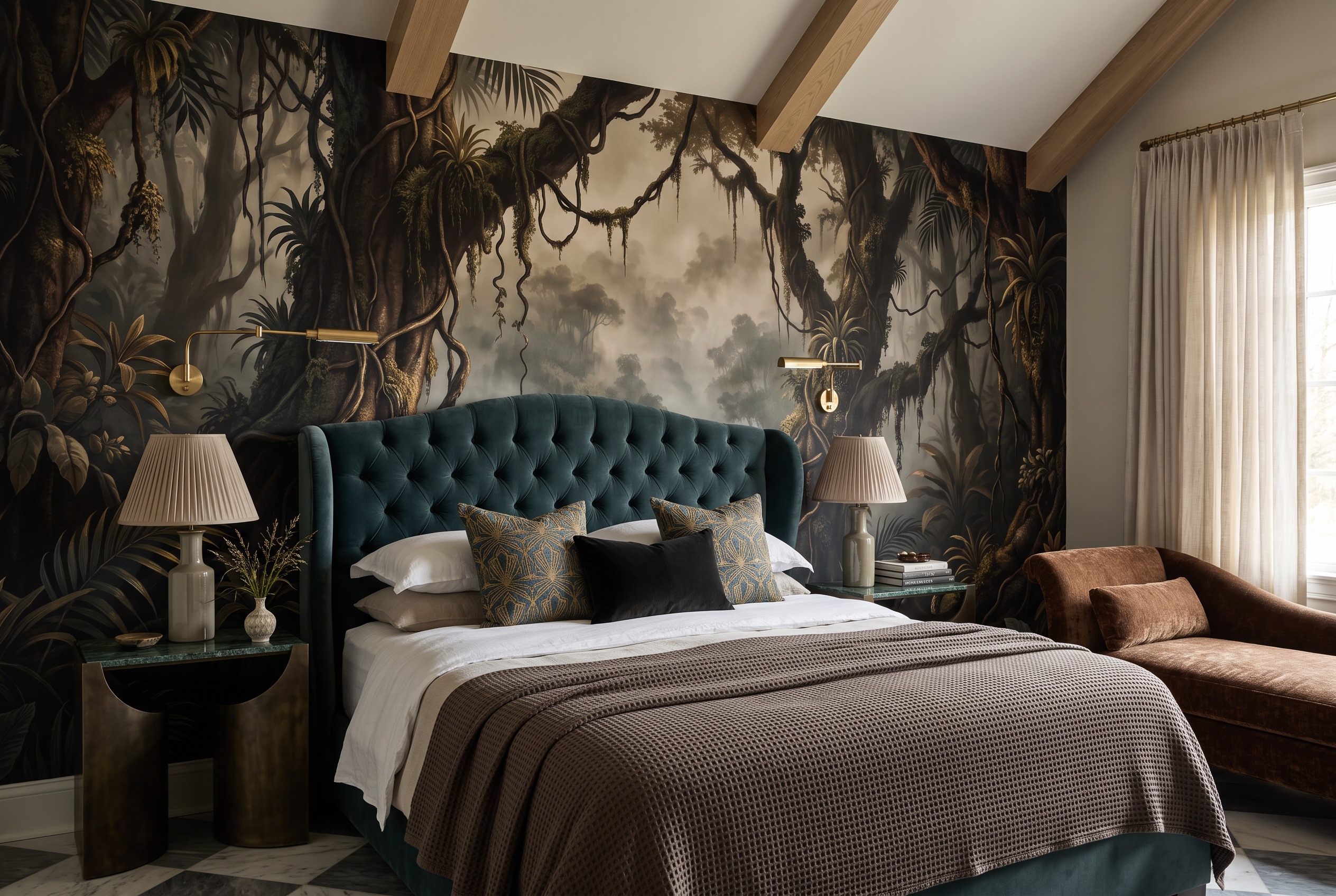 Neutral Woodland Trees Forest Wallpaper Mural Bathroom-wallpaper-murals, Peel-and-stick Finish