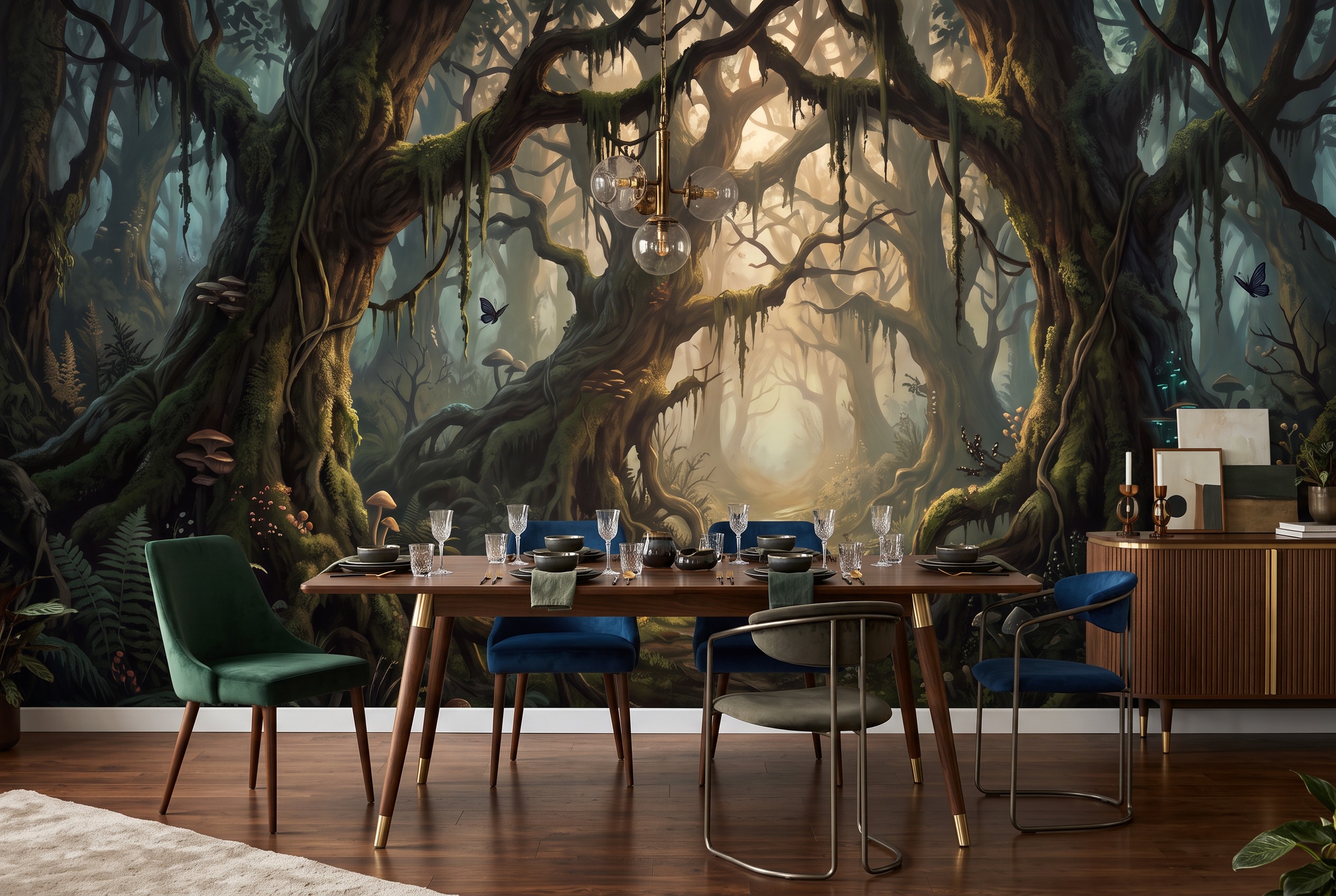 Neutral Abstract Forms Wallpaper Mural Layered Detail Wallpaper Mural Dining-room-wallpaper-murals, Shown In A Dining Room, Peel-and-stick Finish