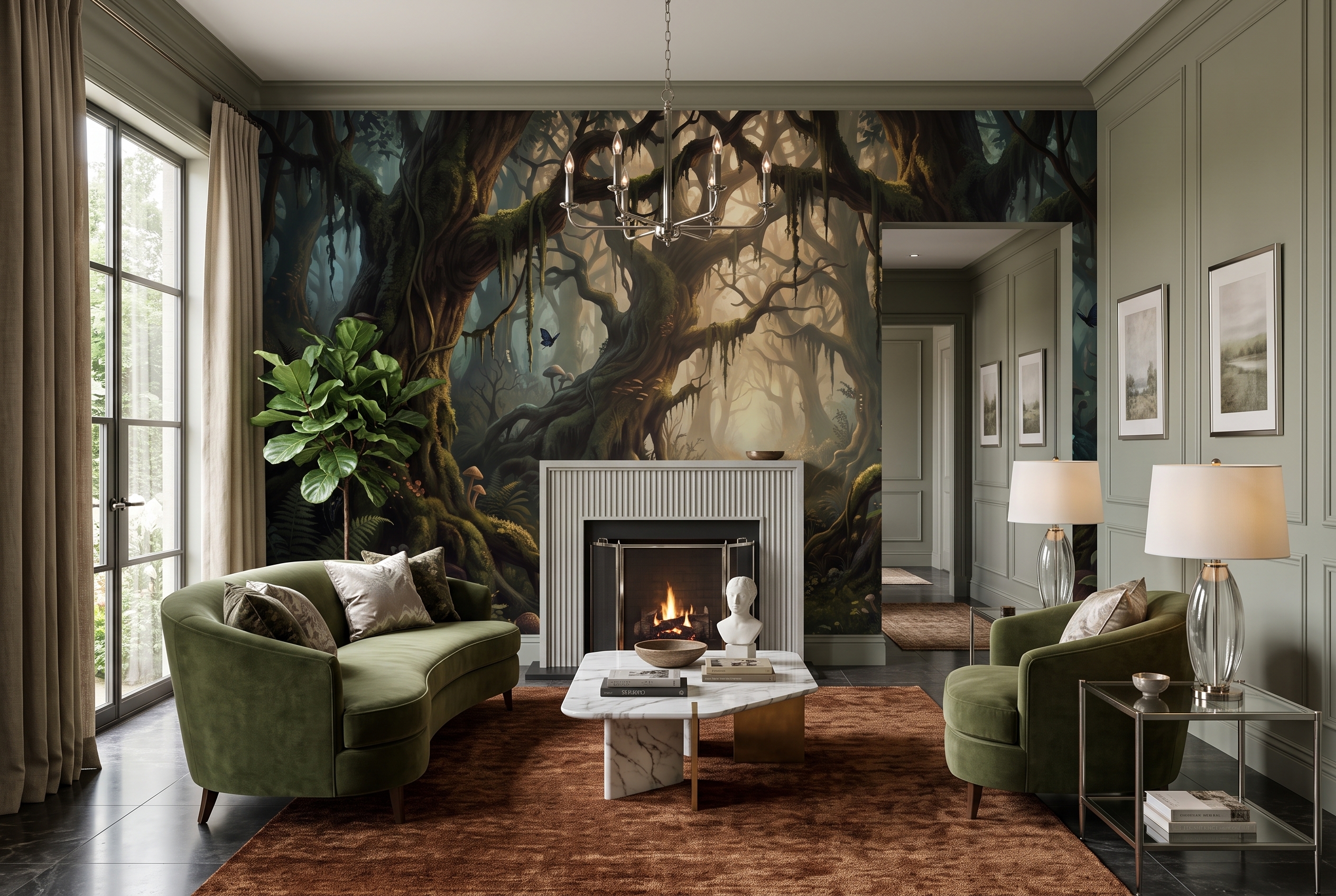 Neutral Abstract Forms Wallpaper Mural Layered Detail Wallpaper Mural Living-room-wallpaper-murals, Shown In A Living Room, Peel-and-stick Finish