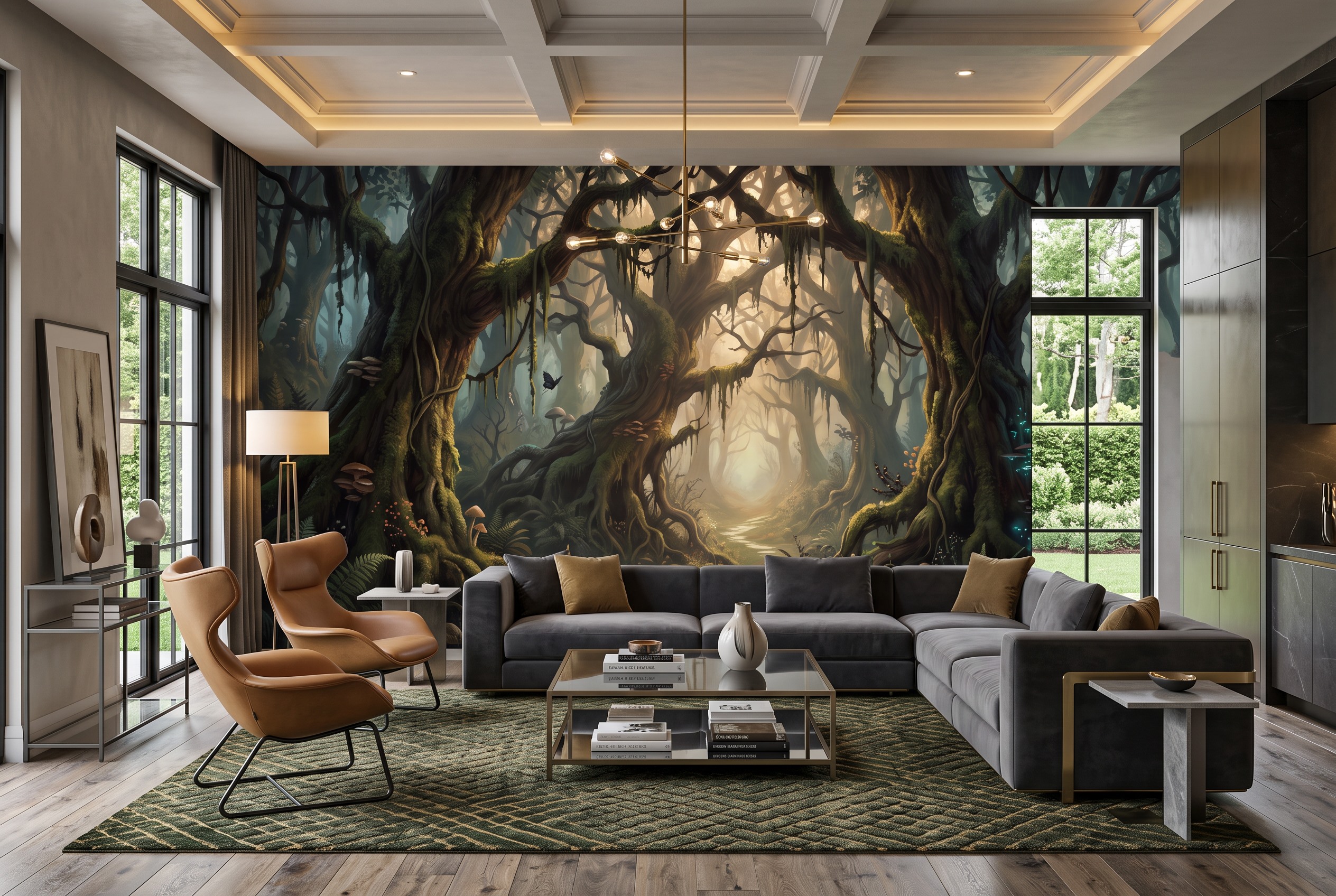 Neutral Abstract Forms Wallpaper Mural Layered Detail Wallpaper Mural Living-room-wallpaper-murals, Shown In A Living Room, Peel-and-stick Finish