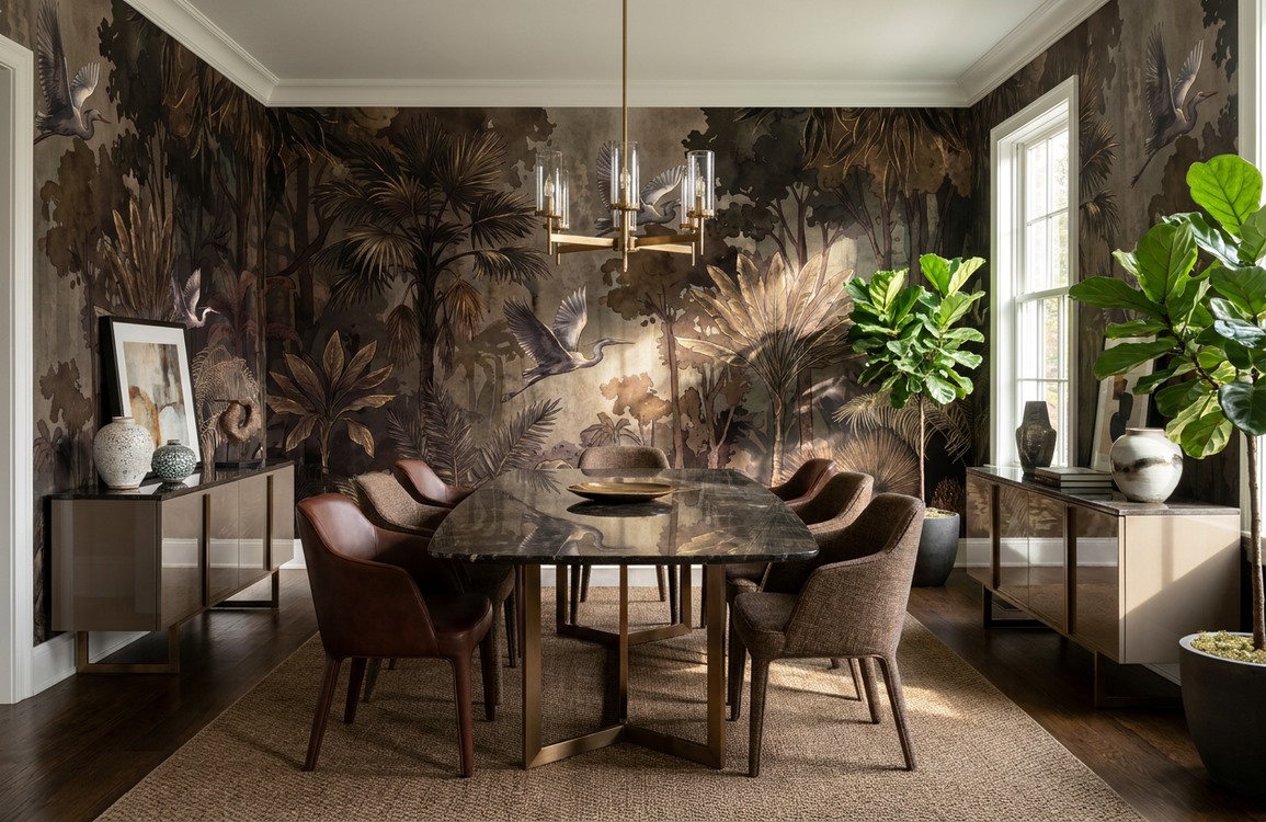 Neutral Woodland Trees Decorative Wallpaper Mural Dining-room-wallpaper-murals, Shown In A Dining Room, Peel-and-stick Finish