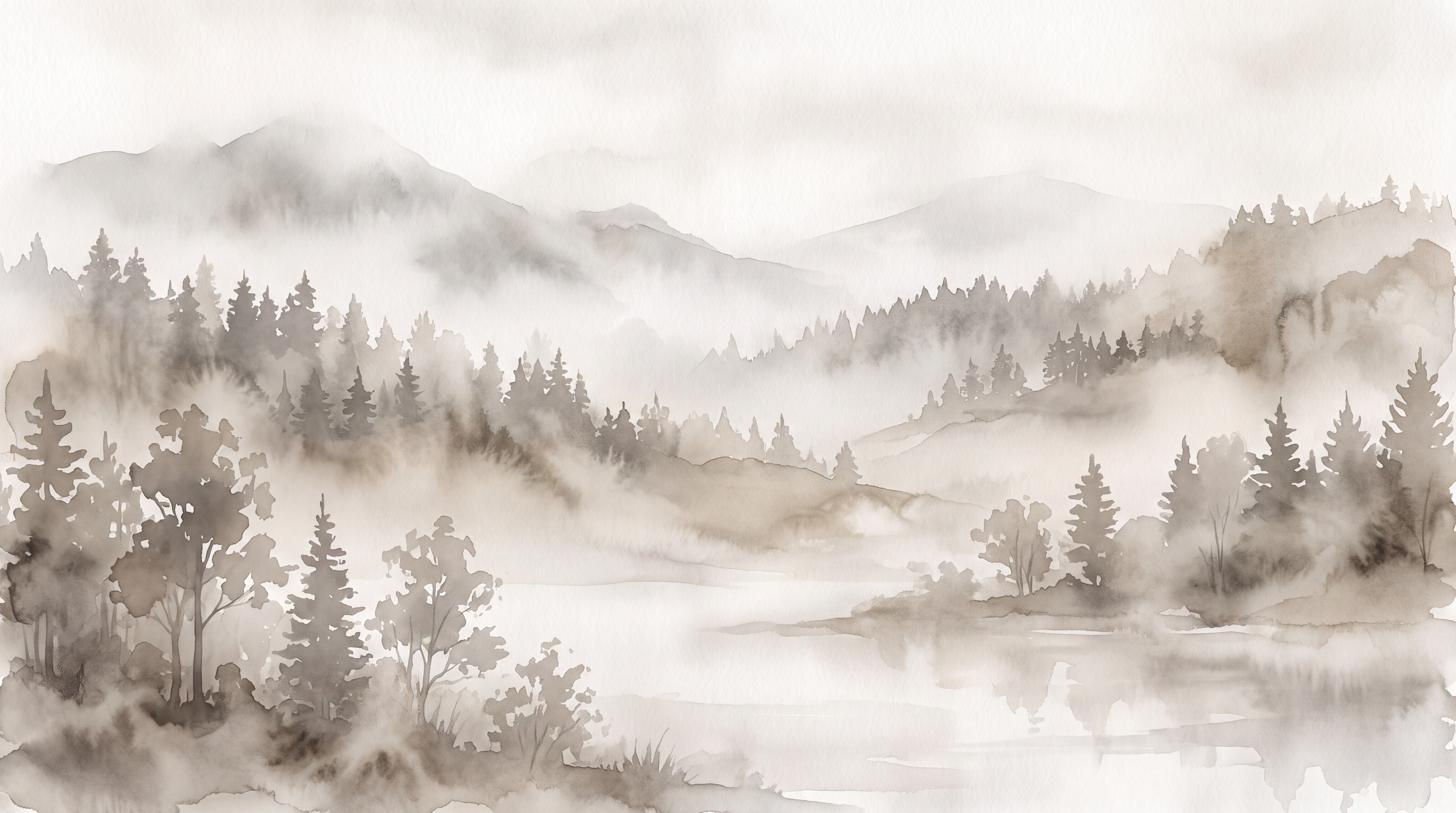 Sepia Mist Mountain And Pine Lake Wallpaper Mural — Wallpaper Mural Design, Peel-and-stick Finish