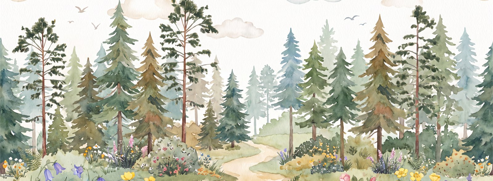 Watercolour Pine Forest Path With Wildflowers Wallpaper Mural — Wallpaper Mural Design, Peel-and-stick Finish