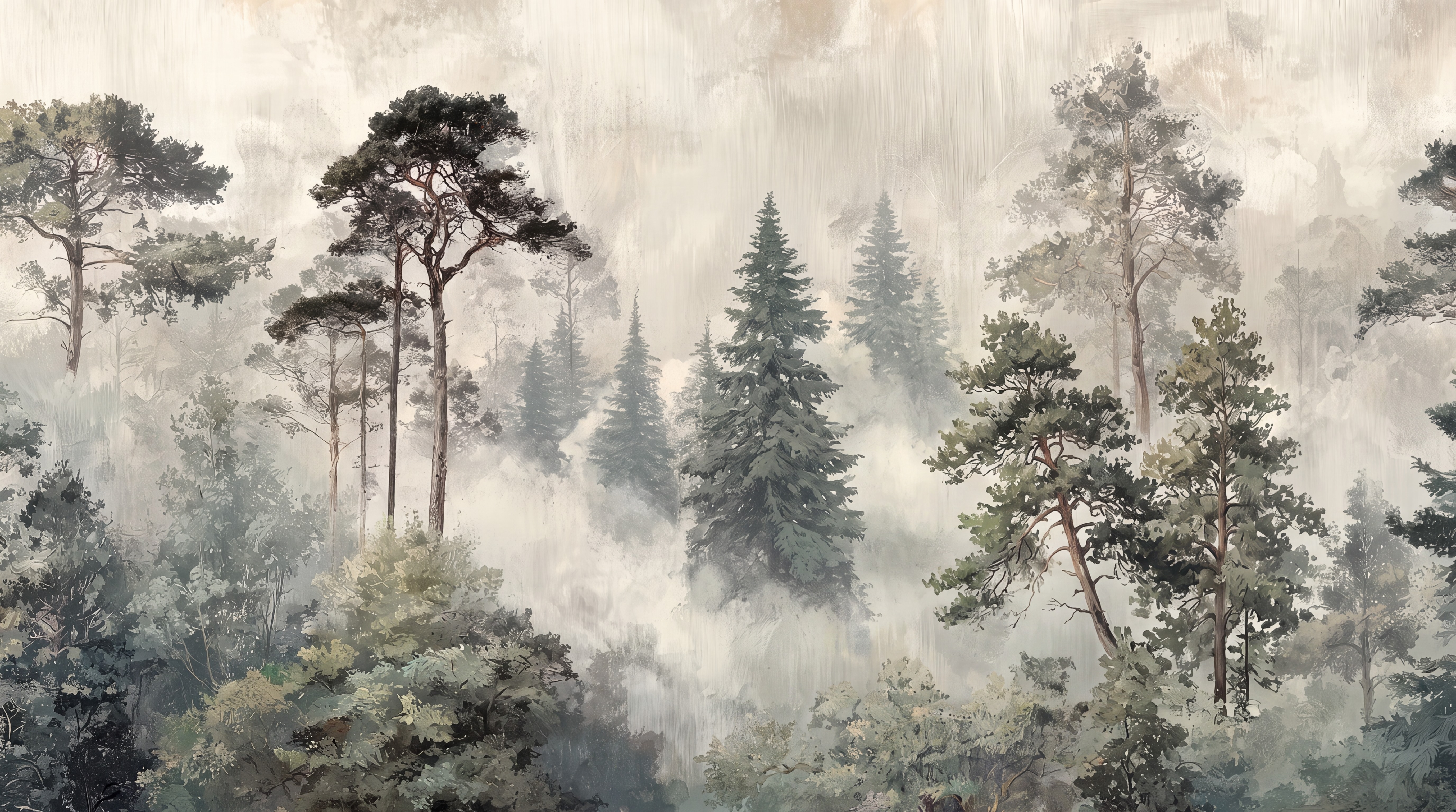 Misty Grey Woodland With Tall Pines Wallpaper Mural — Wallpaper Mural Design, Peel-and-stick Finish