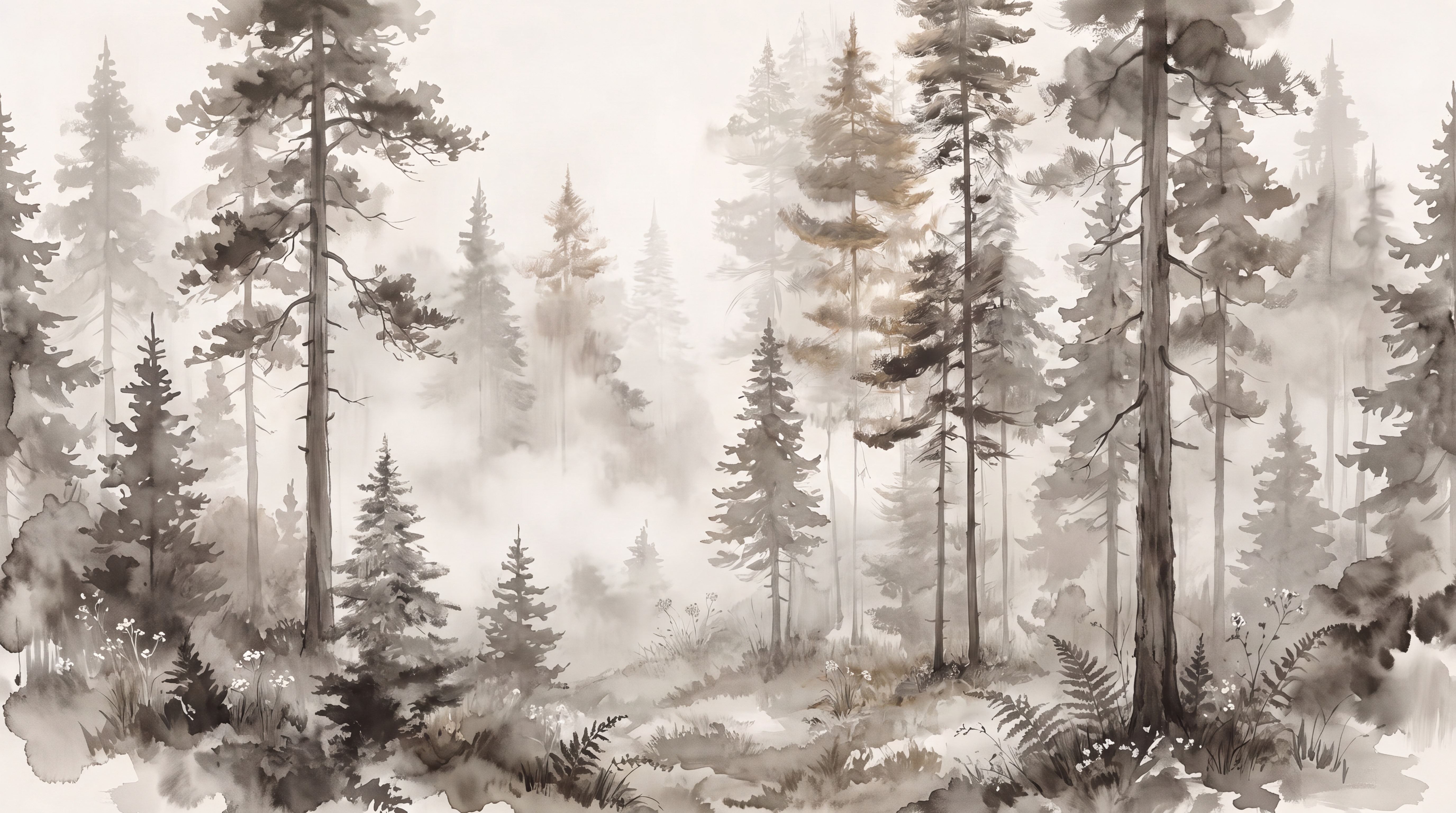 Misty Conifer Forest Watercolour Wallpaper Mural — Wallpaper Mural Design, Peel-and-stick Finish