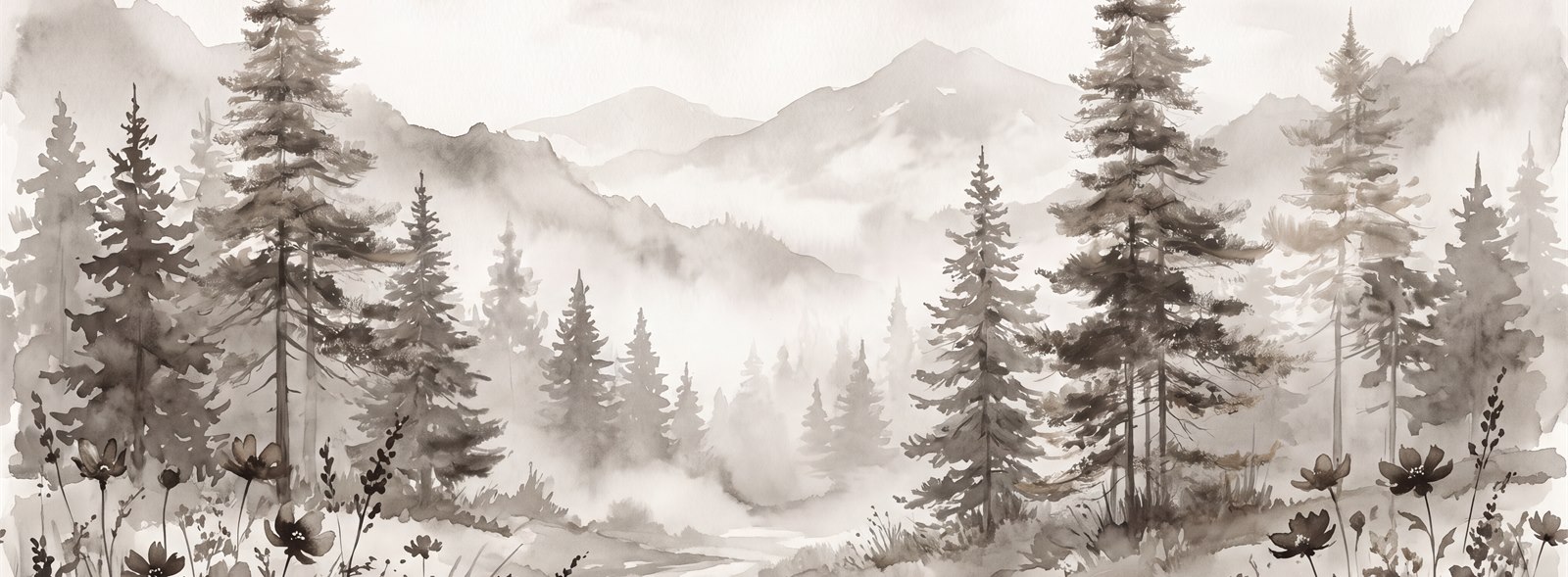 Misty Mountain Pines And Wildflower Stream Wallpaper Mural — Wallpaper Mural Design, Peel-and-stick Finish
