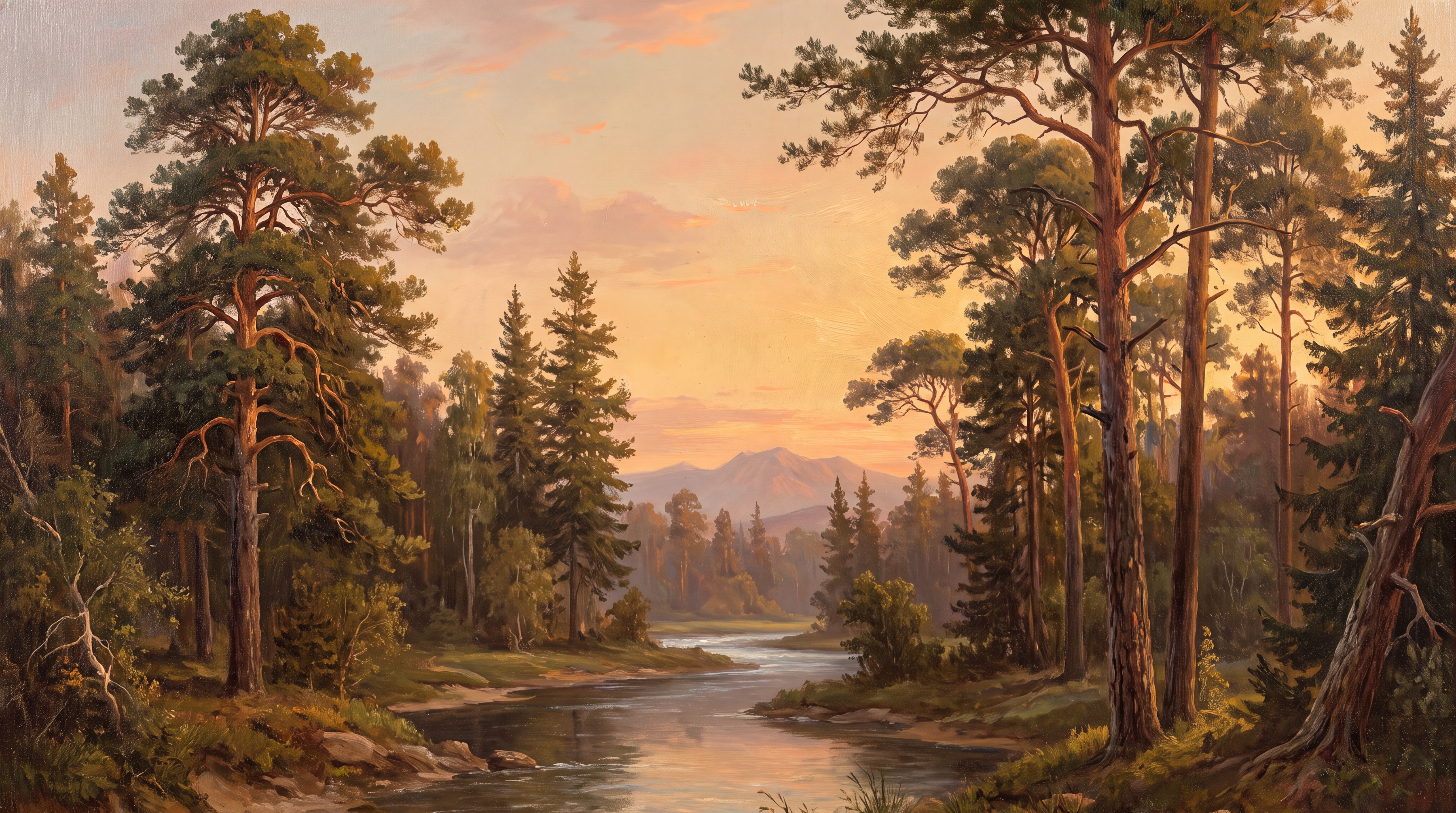 Golden Sunset River Through A Pine Forest Wallpaper Mural — Wallpaper Mural Design, Peel-and-stick Finish