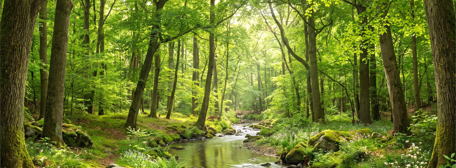 Green Woodland Creek And Ferns Wallpaper Mural — Wallpaper Mural Design, Peel-and-stick Finish