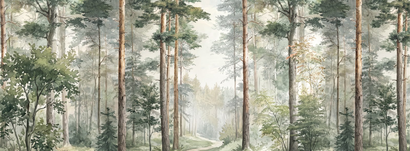 Sage Green Woodland Trees Forest Wallpaper Mural Accent-wall-wallpaper-murals, Peel-and-stick Finish