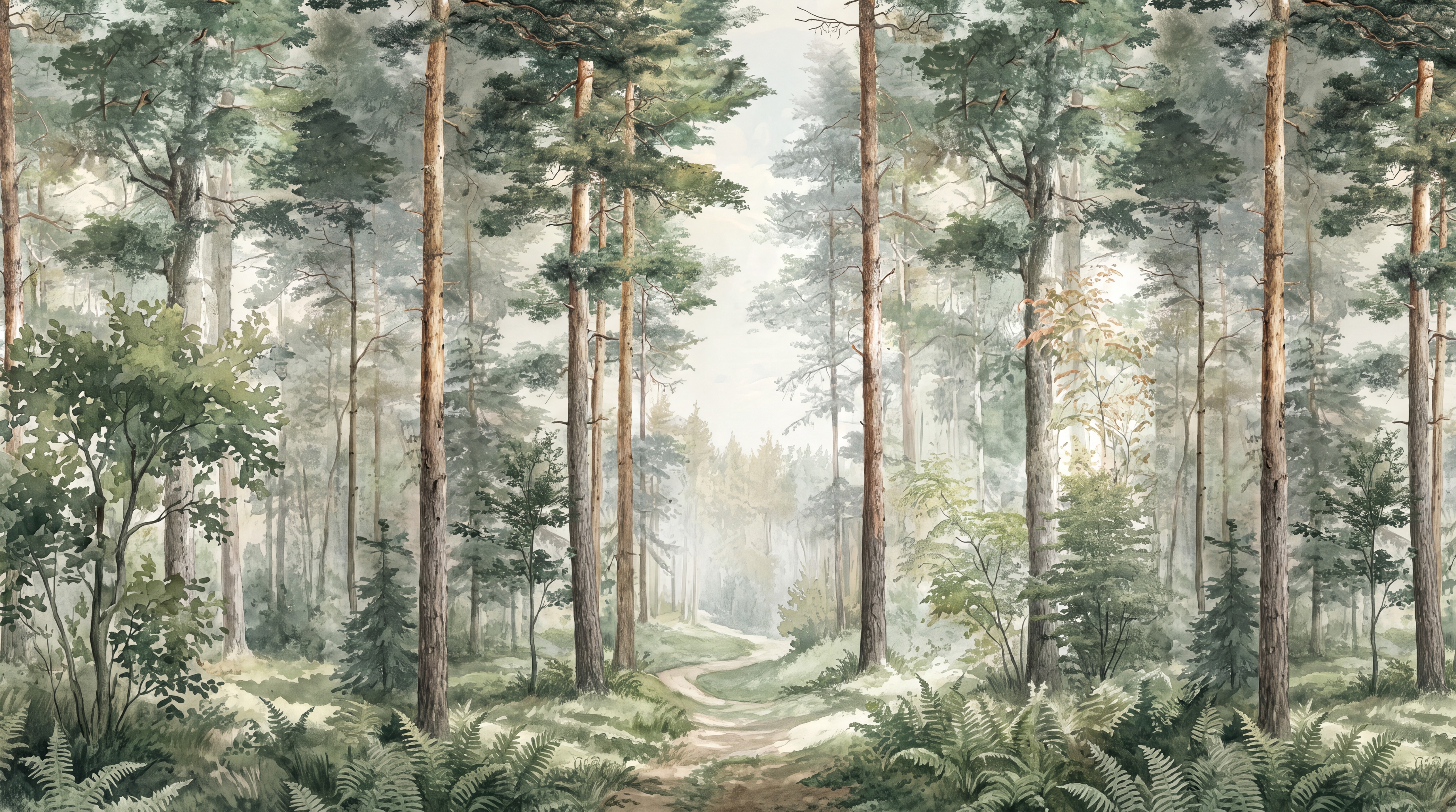 Sage Green Woodland Trees Forest Wallpaper Mural, Peel-and-stick Finish