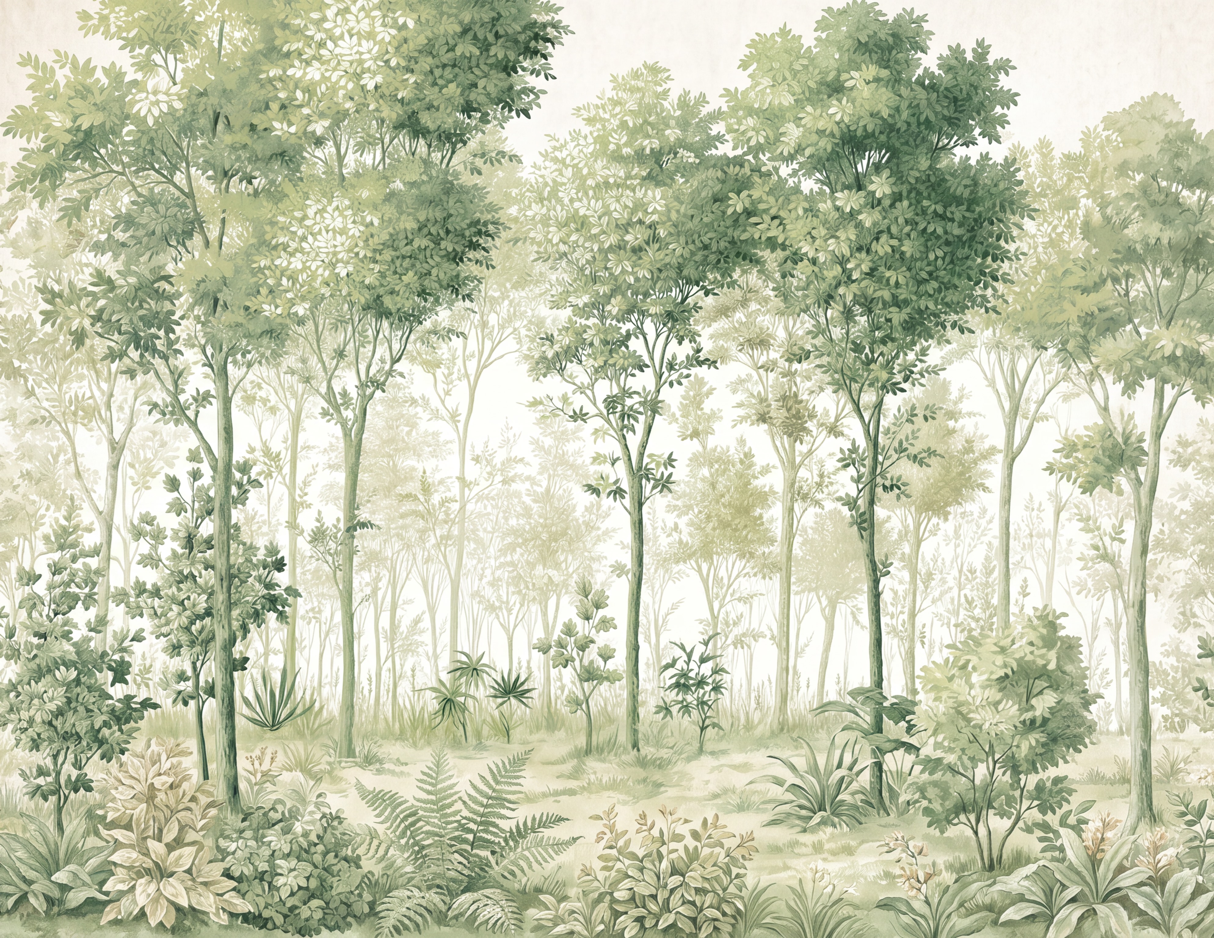 Green Woodland Trees Layered Wallpaper Mural, Peel-and-stick Finish