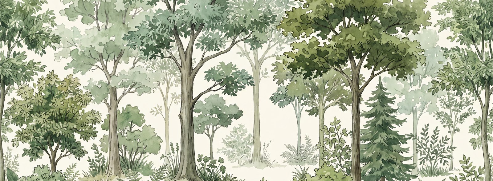 Green Woodland Grove With Ferns Wallpaper Mural — Wallpaper Mural Design, Peel-and-stick Finish