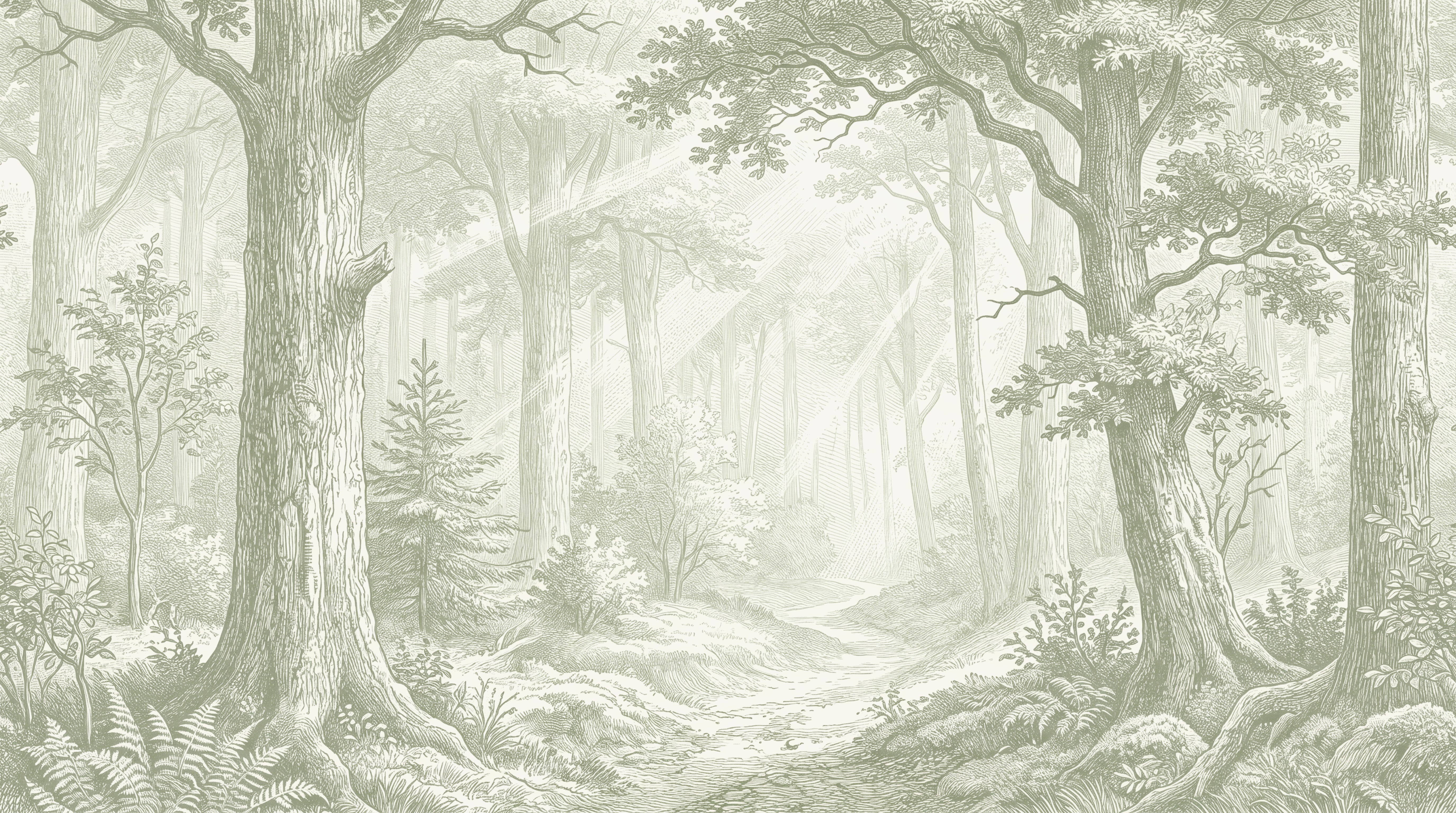 Green Woodland Trees Watercolour Wallpaper Mural, Peel-and-stick Finish