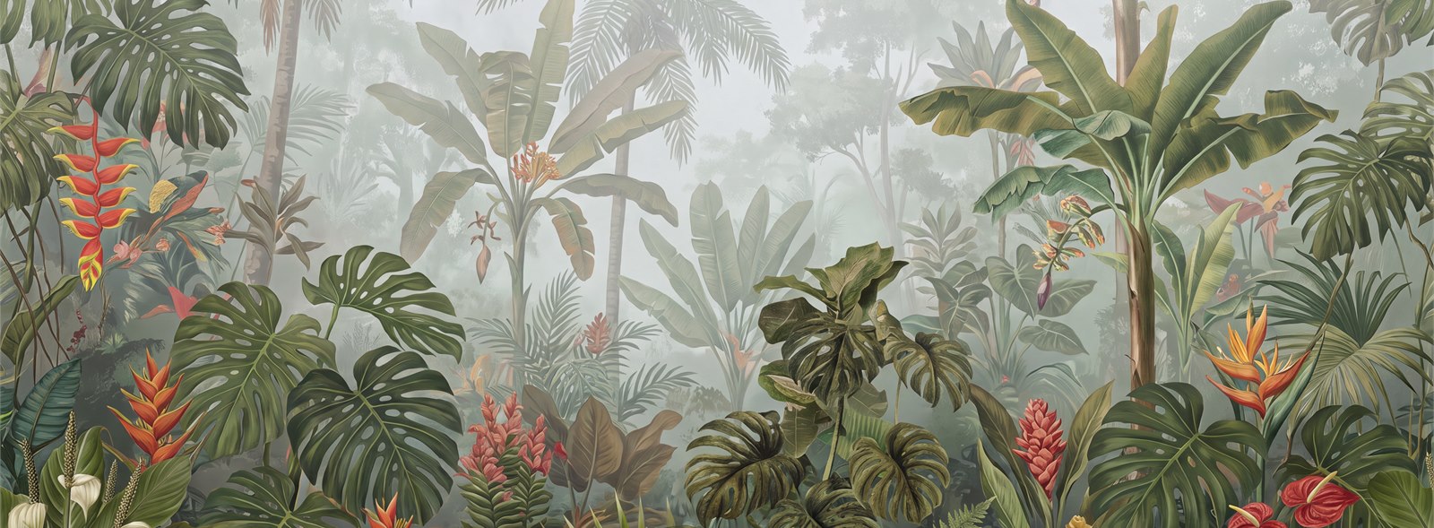 Misty Tropical Orchids And Hummingbird Wallpaper Mural — Wallpaper Mural Design, Peel-and-stick Finish