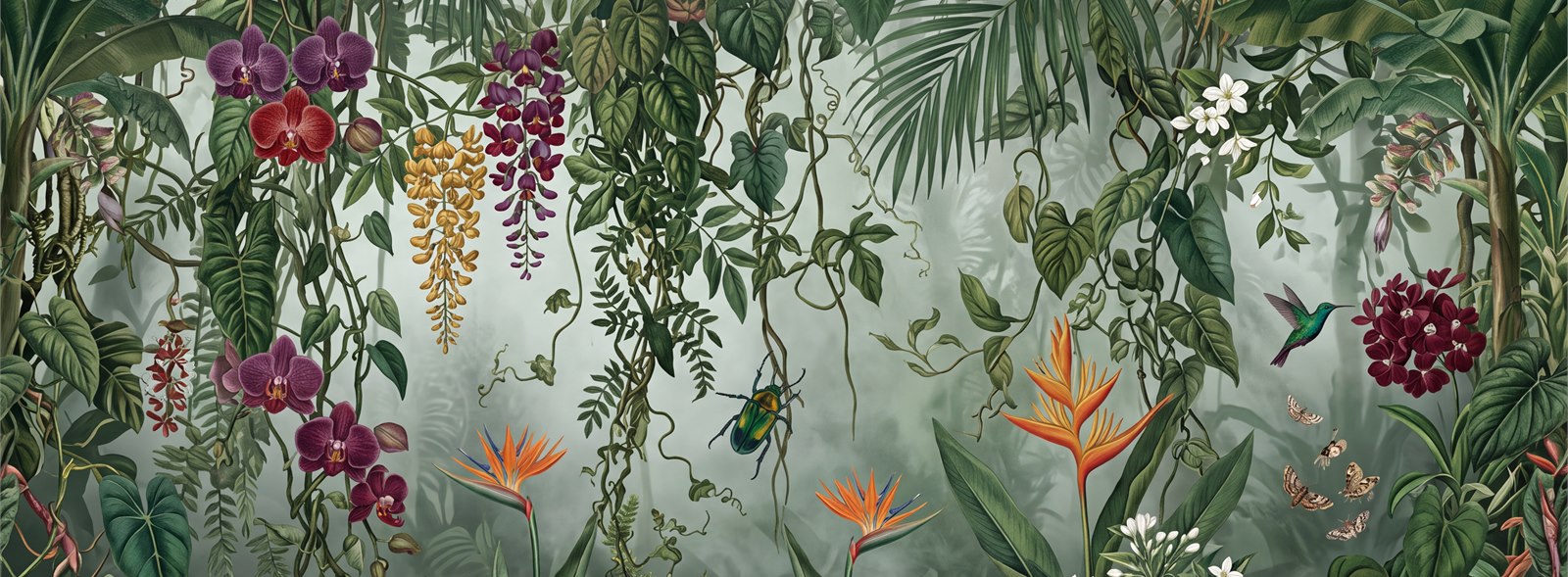Green Tropical Orchids And Hummingbird Wallpaper Mural — Wallpaper Mural Design, Peel-and-stick Finish