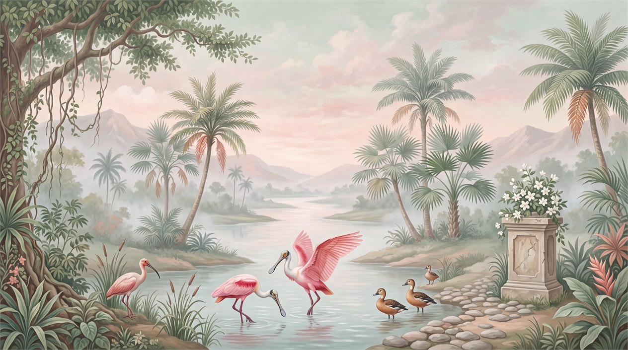 Pastel Flamingos And Waterfowl Lagoon Wallpaper Mural — Wallpaper Mural Design, Peel-and-stick Finish