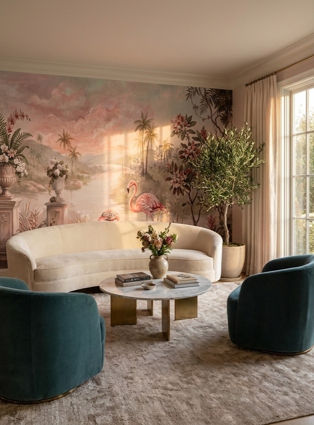 Pink Abstract Forms Painterly Wallpaper Mural Living-room-wallpaper-murals, Shown In A Living Room, Peel-and-stick Finish