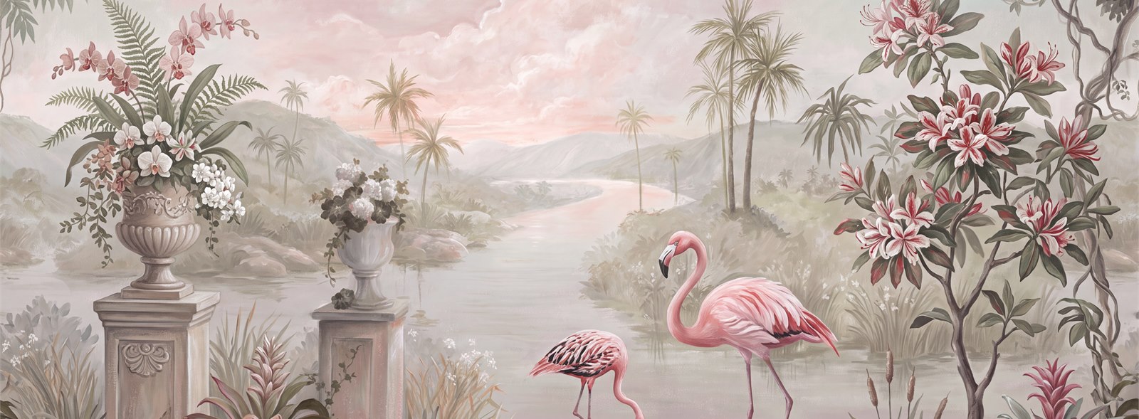 Flamingos By A Pastel Flower-framed Lagoon Wallpaper Mural — Wallpaper Mural Design, Peel-and-stick Finish